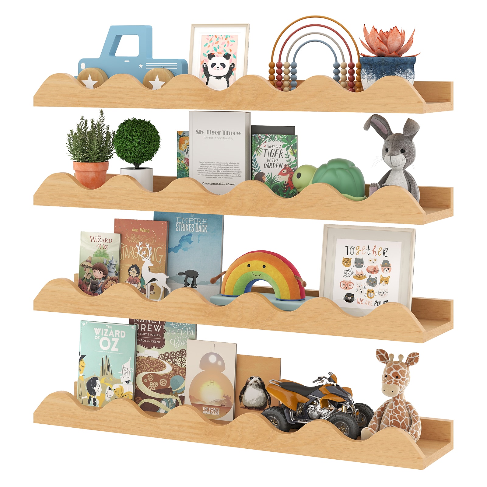 Slickblue Set of 4 Natural/White 4-Compartment Floating Nursery Book Shelves (16/24 Inches) Wall Mounted Fir Wood Display Shelves