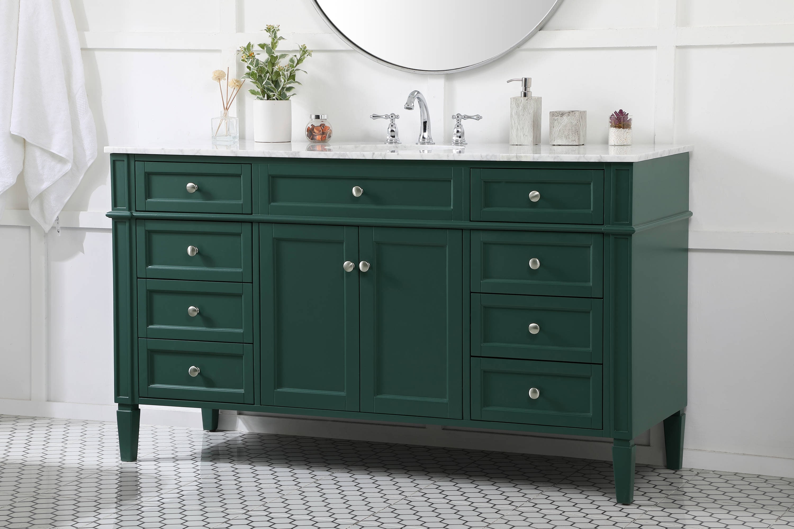 Green Solid Wood and Marble Single Bathroom Vanity
