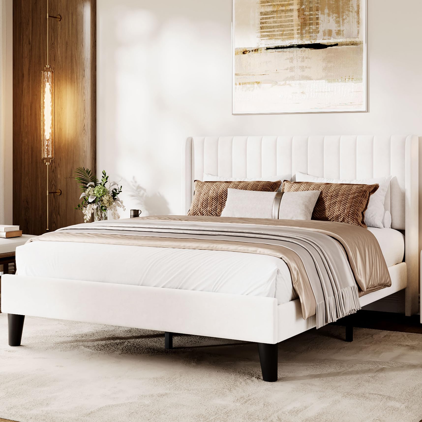 GarveeLife - Velvet Bed Frame with Upholstered Headboard Velvet Platform Bed Frame Wingback with ...