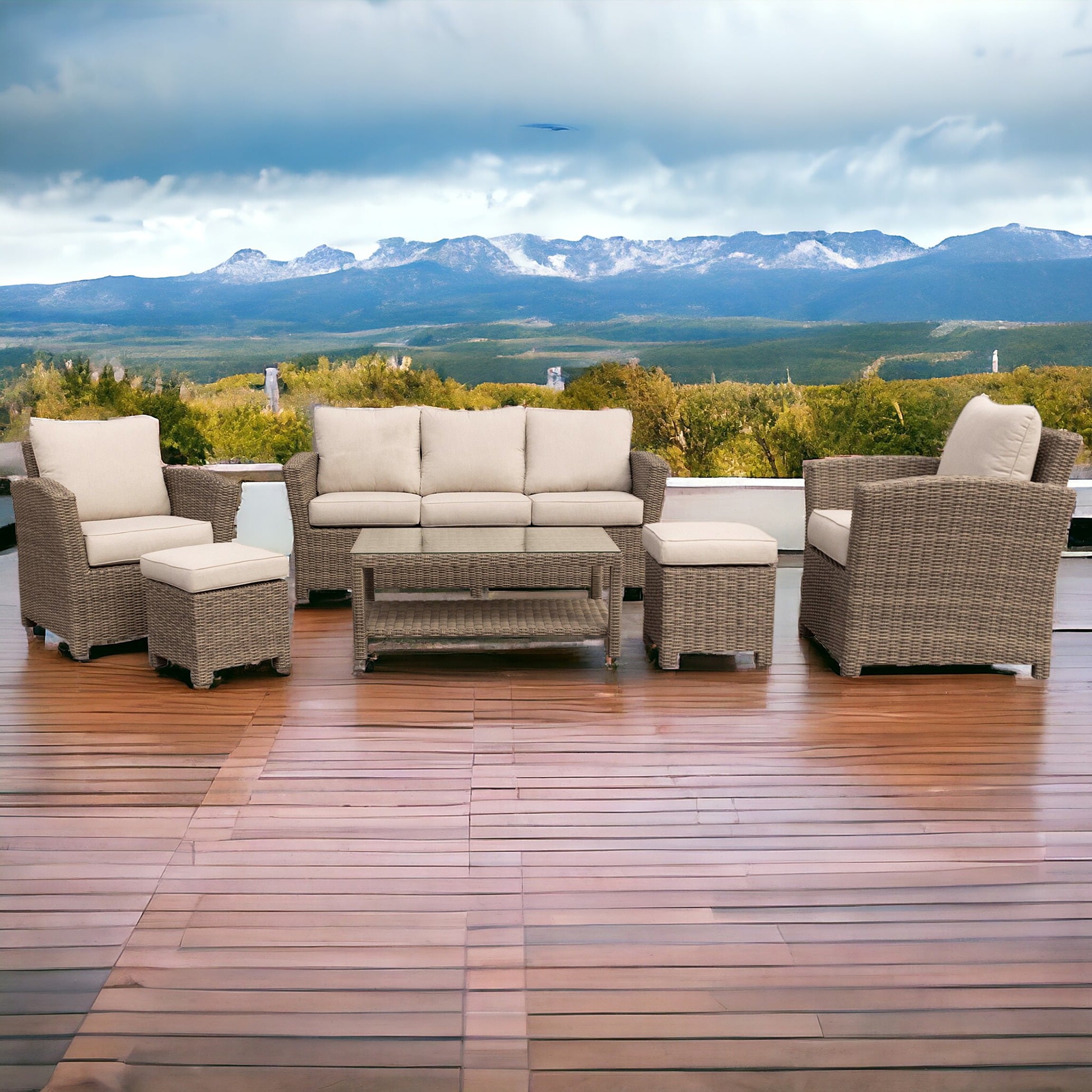 Courtyard Casual 5835 Capri 6-Piece Wicker Patio Conversation Set with Tan Cushions