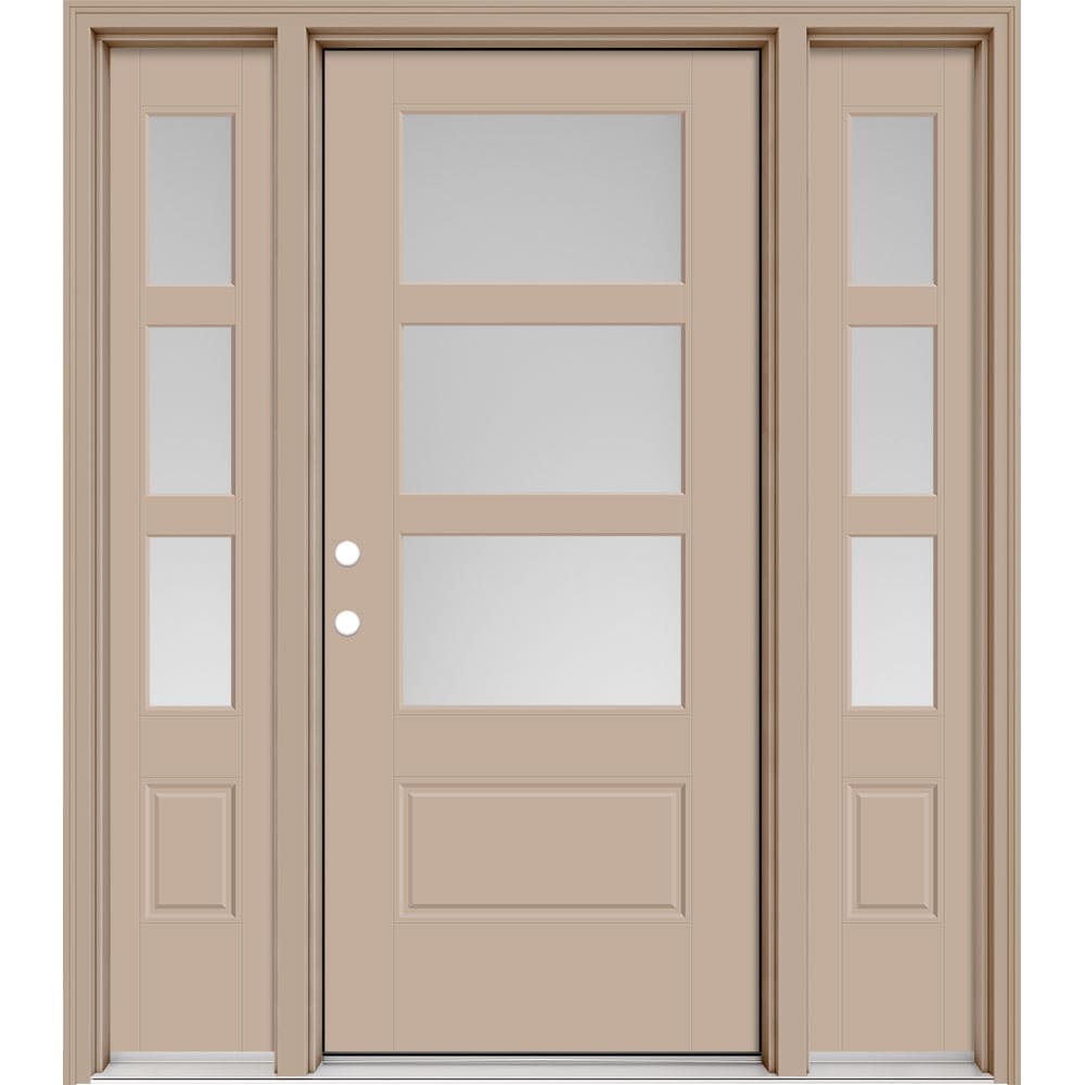 Masonite 630502 Performance Door System 64-in x 80-in x 4-9/16-in Fiberglass 3/4 lite Right-hand inswing Sandy Shore Painted Prehung Front Door with Sidelights with Brickmould Insulating core with Grilles