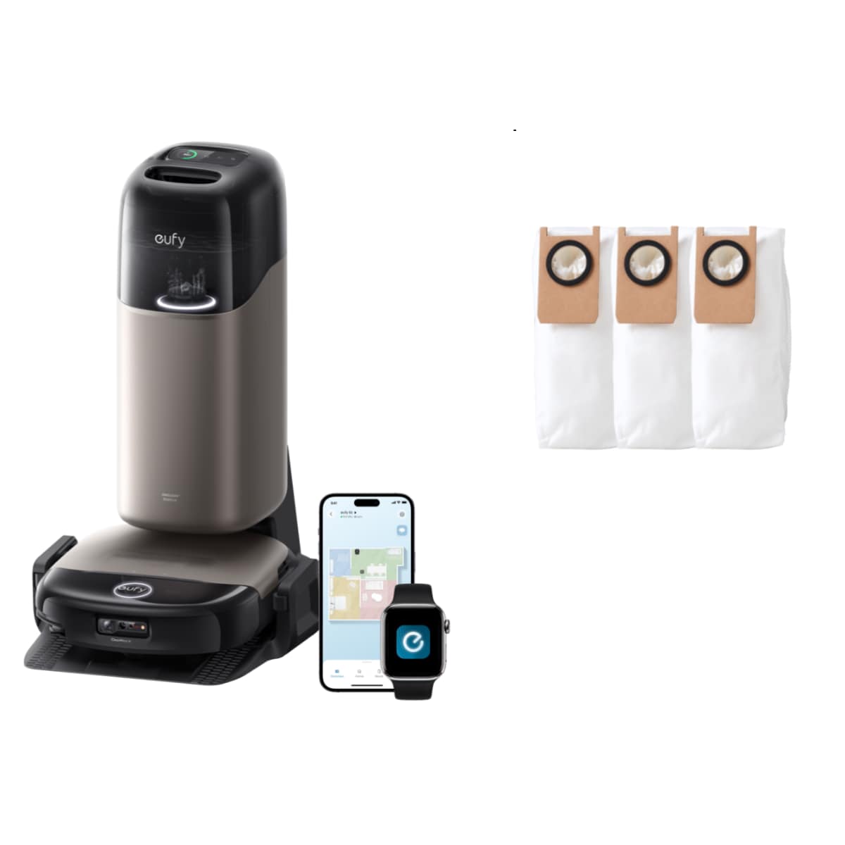 eufy  Robot Vacuum and mop Omni S2 and Official Dust Bags Germ Removal Always Self Cleaning Roller Mop 30000 Pa Fade Free Suction