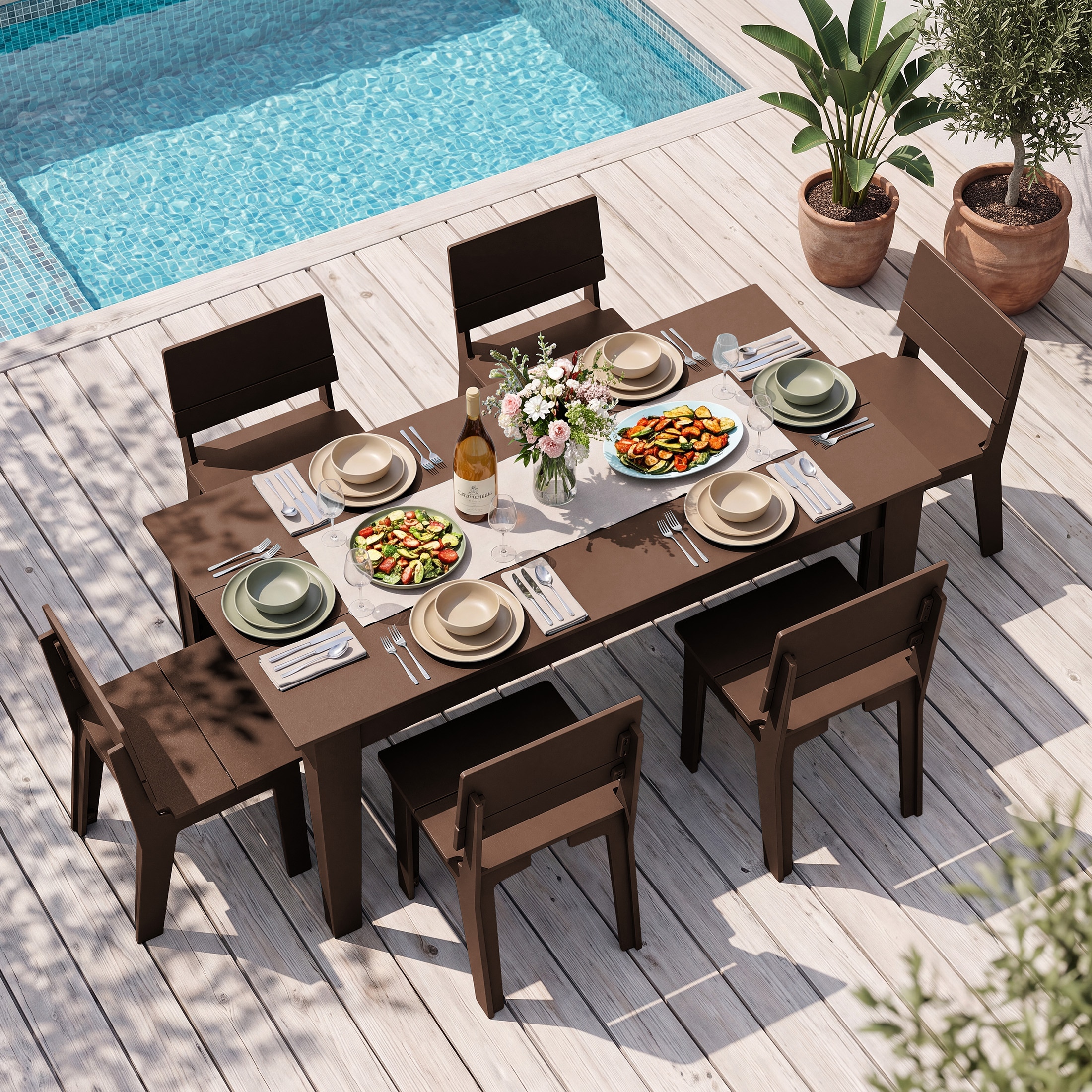 JEAREY - 7-Piece Outdoor Dining Set with Interlocking Construction 7 -Piece Brown Patio Dining Se...