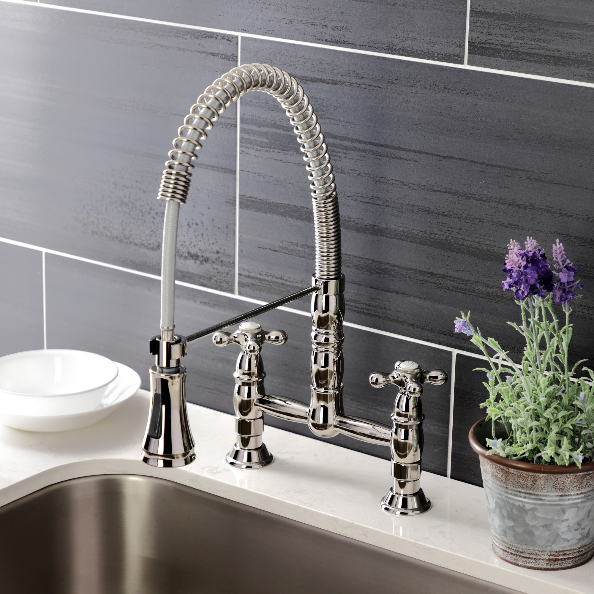 Kingston Brass WLGS1276AX Polished Nickel Double Handle Deck-mount Pull-down Kitchen Faucet