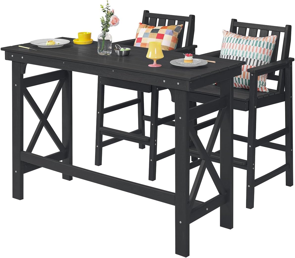 EarlGrove Patio Bar Set 3 -Piece Black Bar Height Patio Dining Set HDPE Rectangle Table with 3 Stationary Chairs