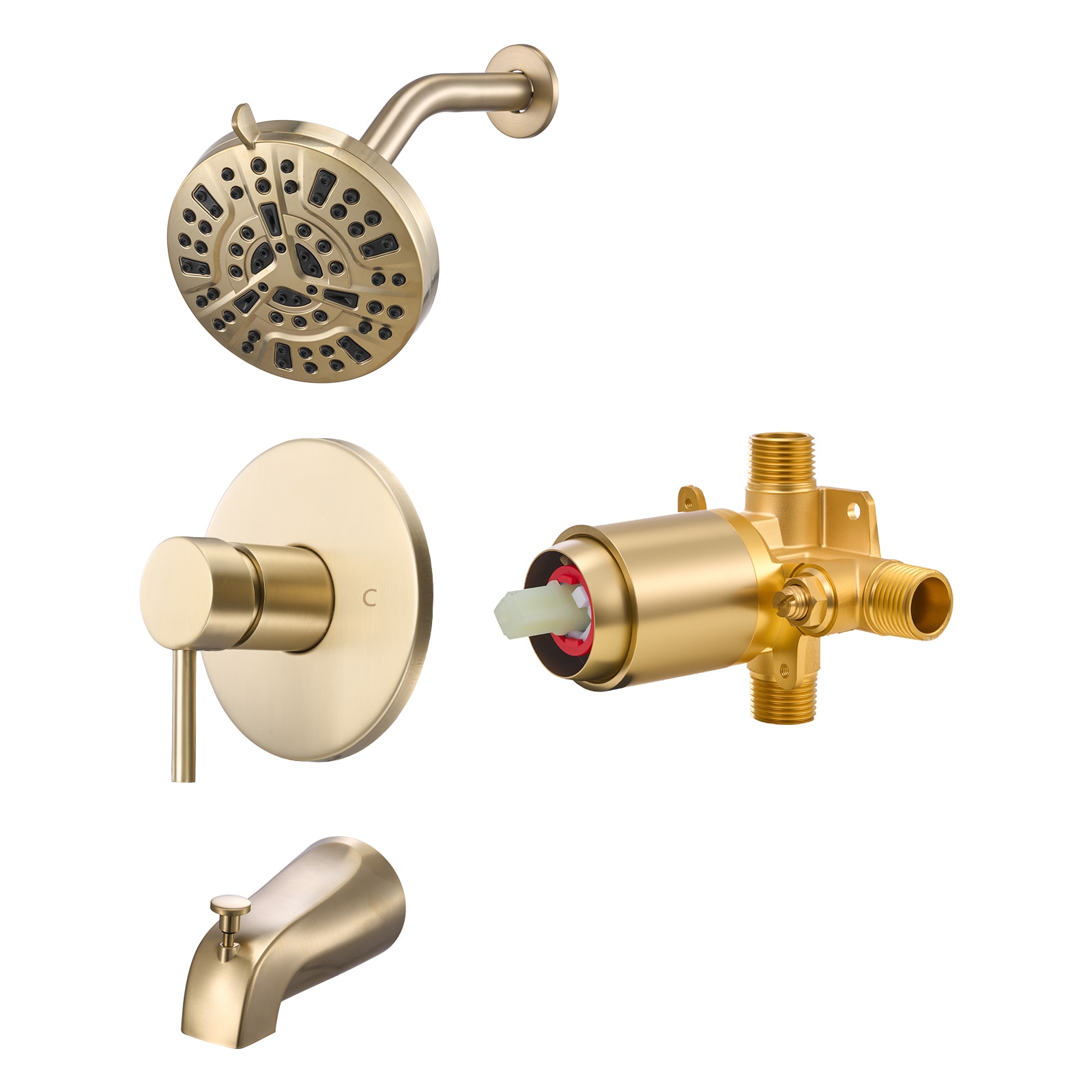 VEVOR Tub and Shower Faucet Set Complete with 5-Inch Rainfall Shower Head and Bathtub Spout 8-Setting Adjustable Spray Single-Handle Tub Trim Kit with Brass Pressure Balancing Valve Gold Finish