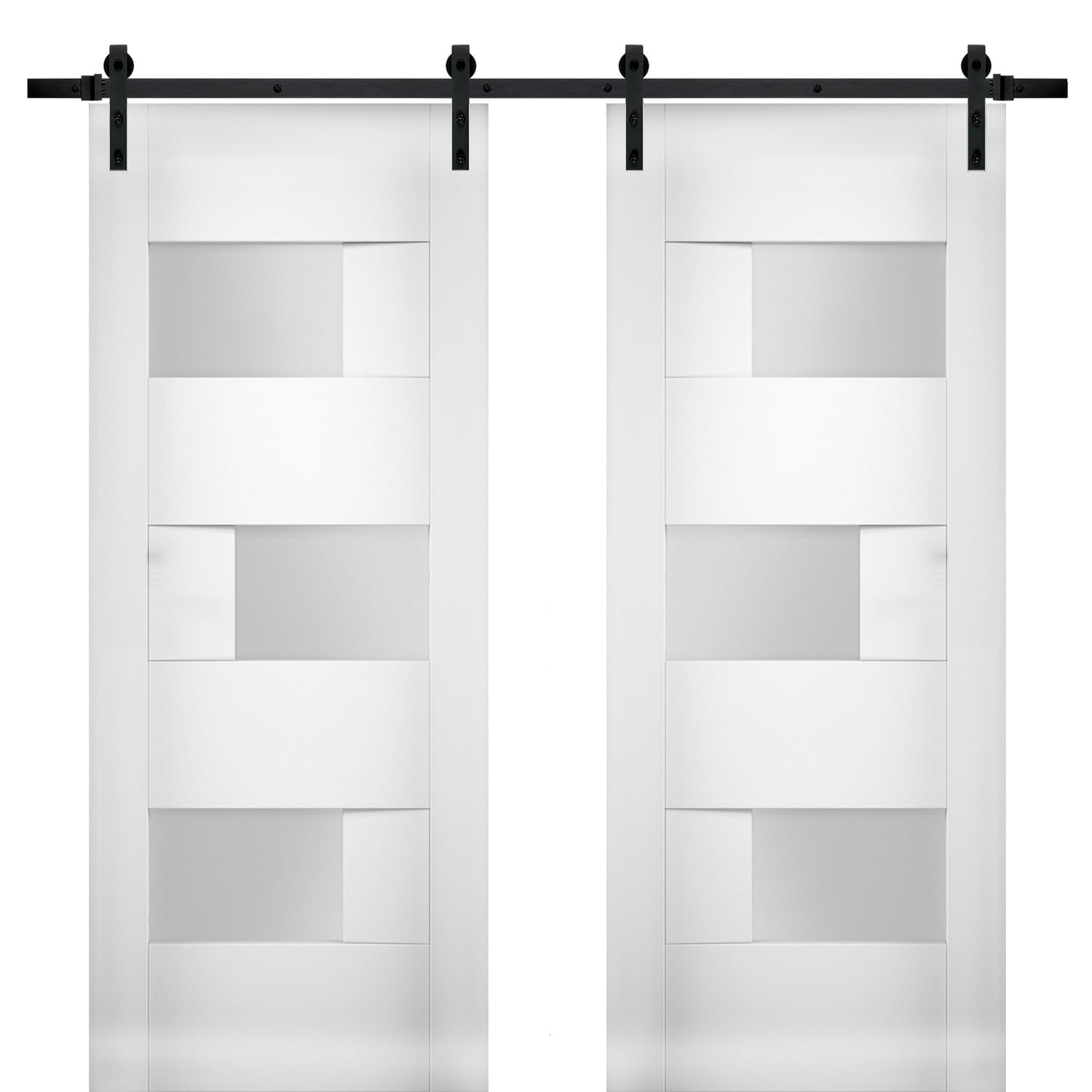 SARTODOORS SETE6933DB-WS-5684 28-in x 84-in White Prefinished Frosted glass Wood Solid core Double Barn Door (Hardware Included)