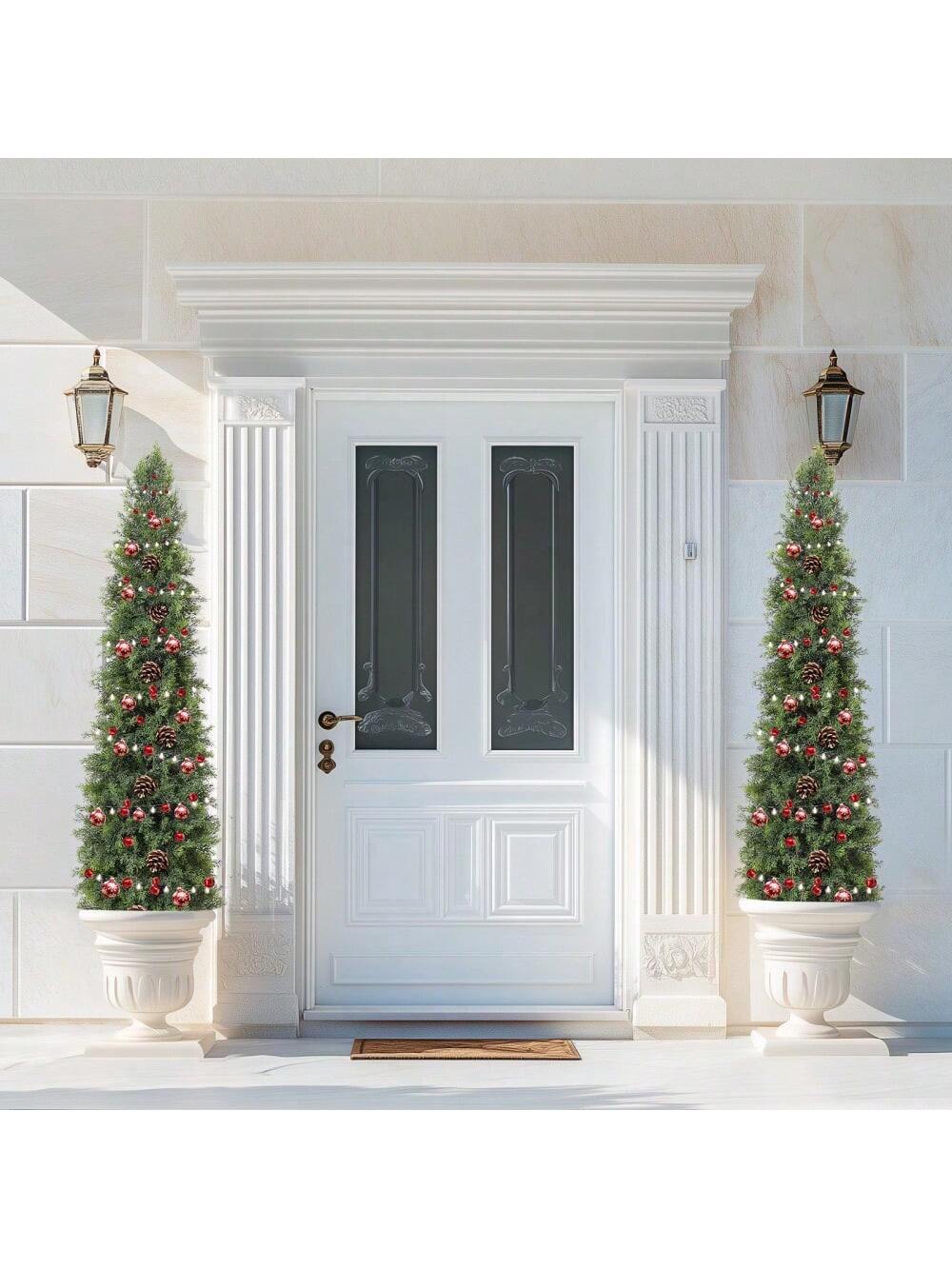 Qeetex PHO-34HUTU5Q-HF4 5Ft 2 Pcs Faux Cedar Tree-Outdoors Uv Protection Faux Cedar Tree Pine Tree-Outdoor Front Porch Décor