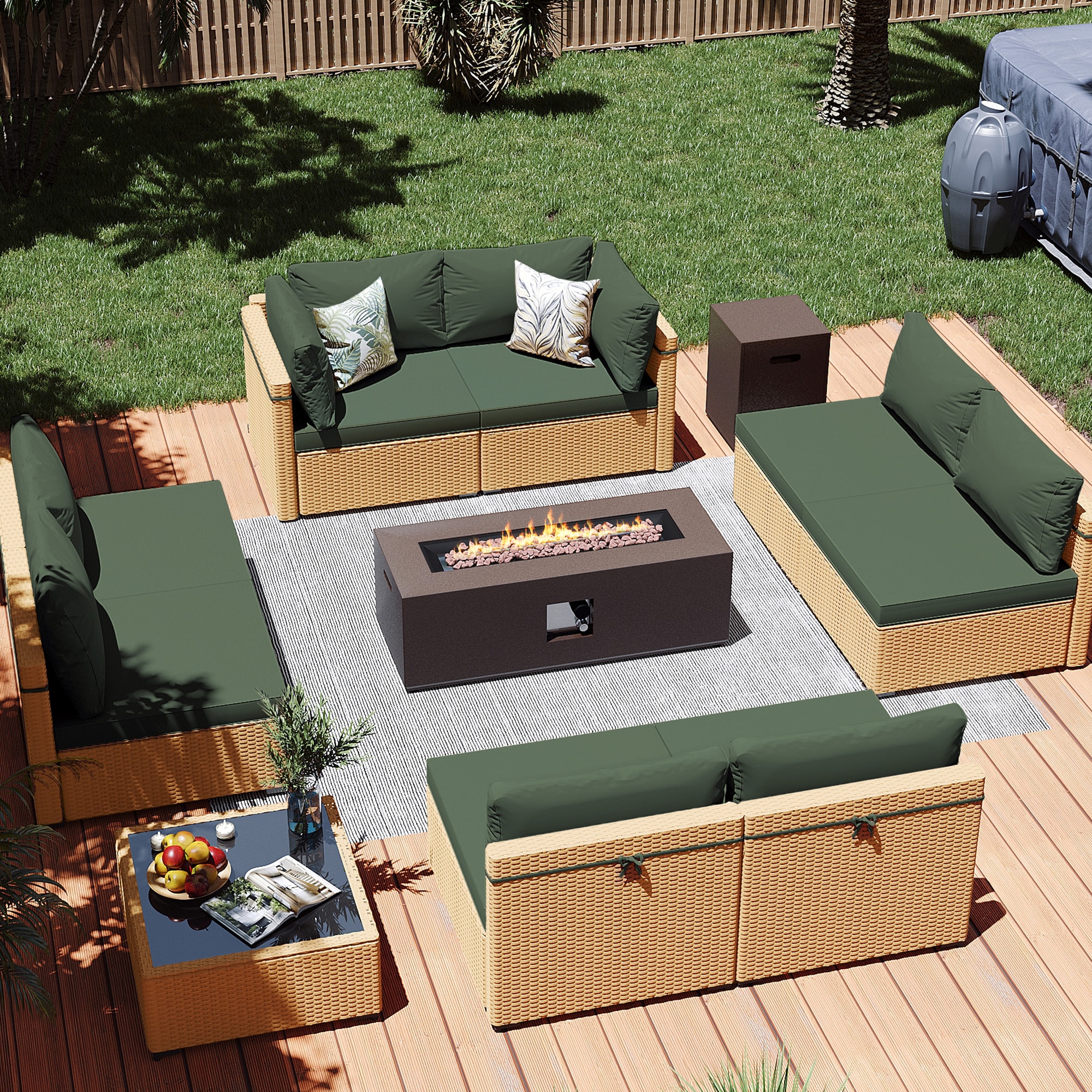 Patio Watcher LS-RT9-KD42CBR-Y3 10 -Piece Rattan Patio Conversation Set with Green Cushions