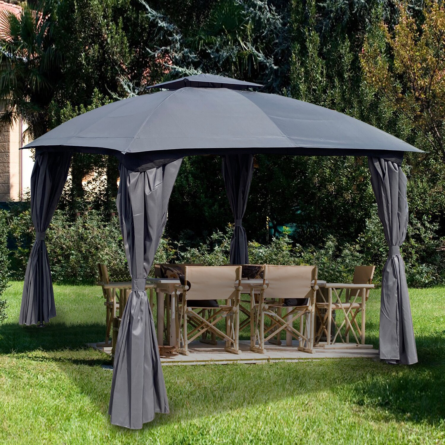 Forclover 10-ft X 10-ft Patio Gazebo With Double Roof Tops And Curtain ...