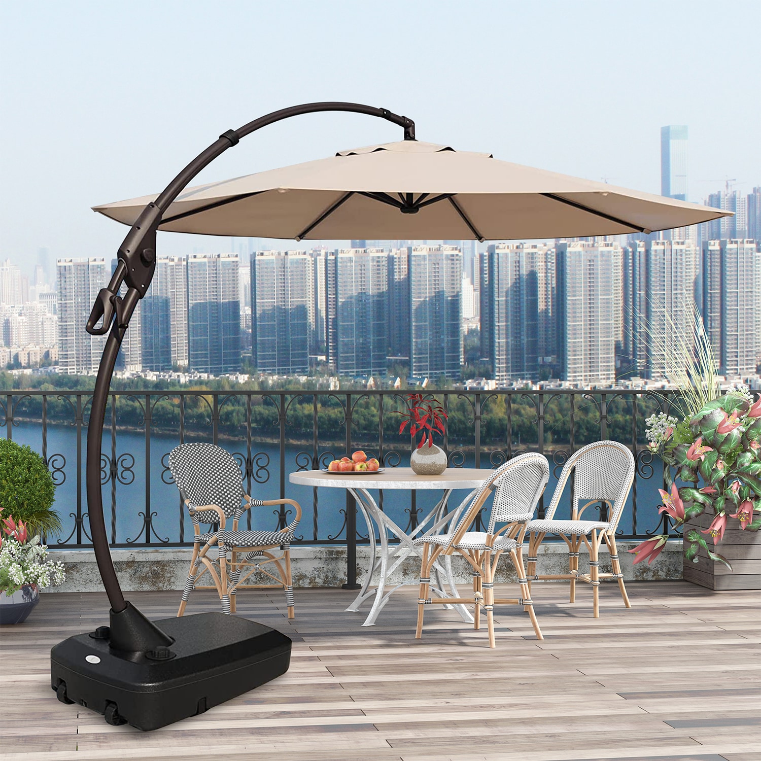 BANSA ROSE 11-ft Aluminum Brown Cantilever Patio Umbrella with Base in ...