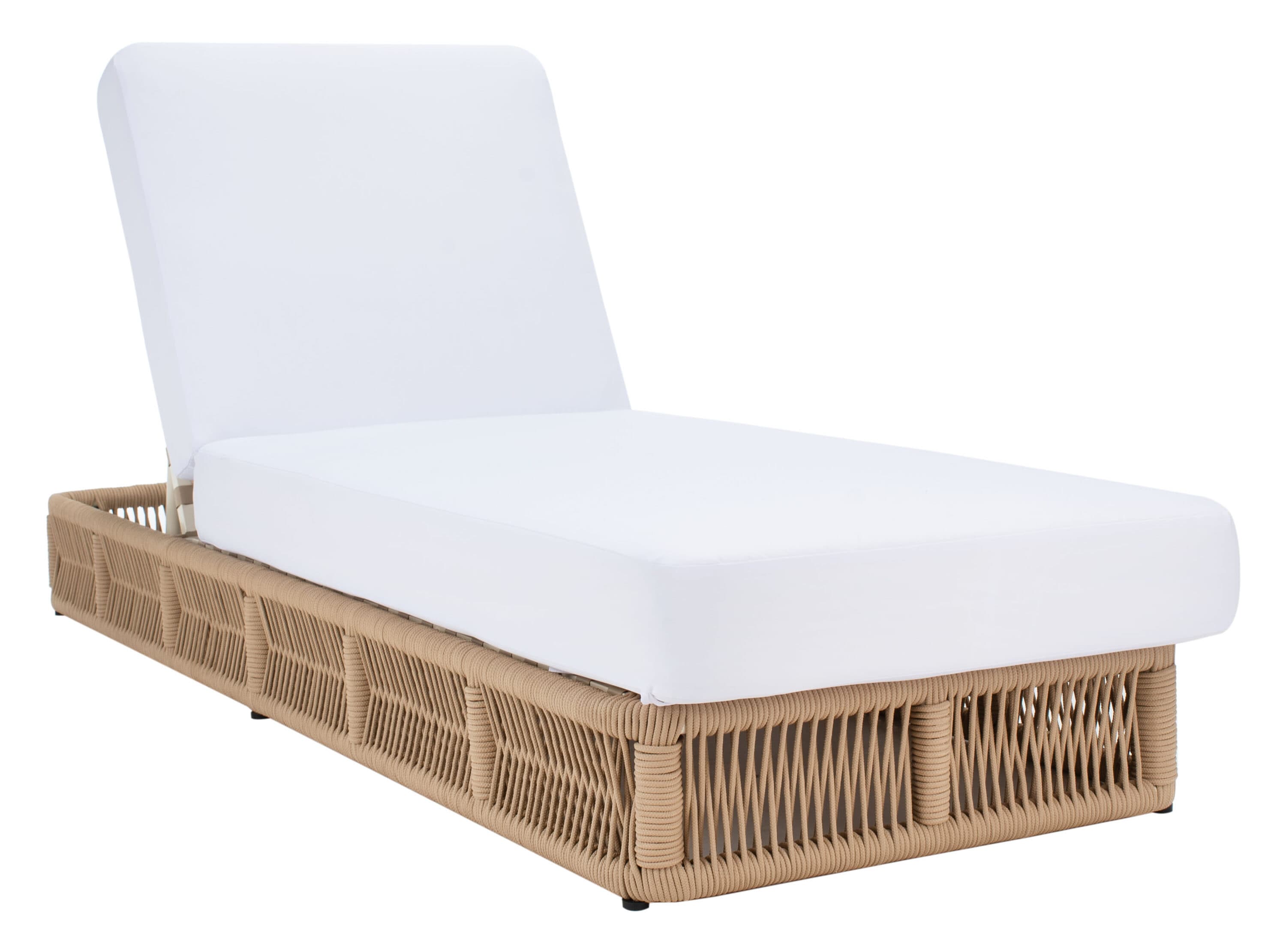 Tan Rope Wicker Armless Chaise with White Cushions