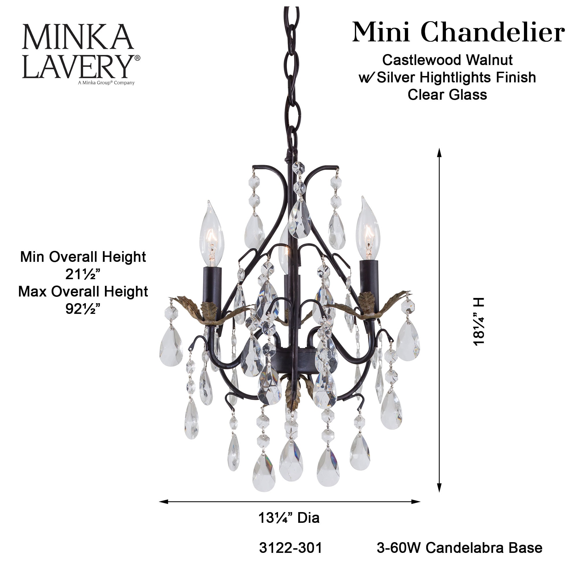 Castlewood Walnut and Silver Crystal Mini Chandelier, 3-Light
