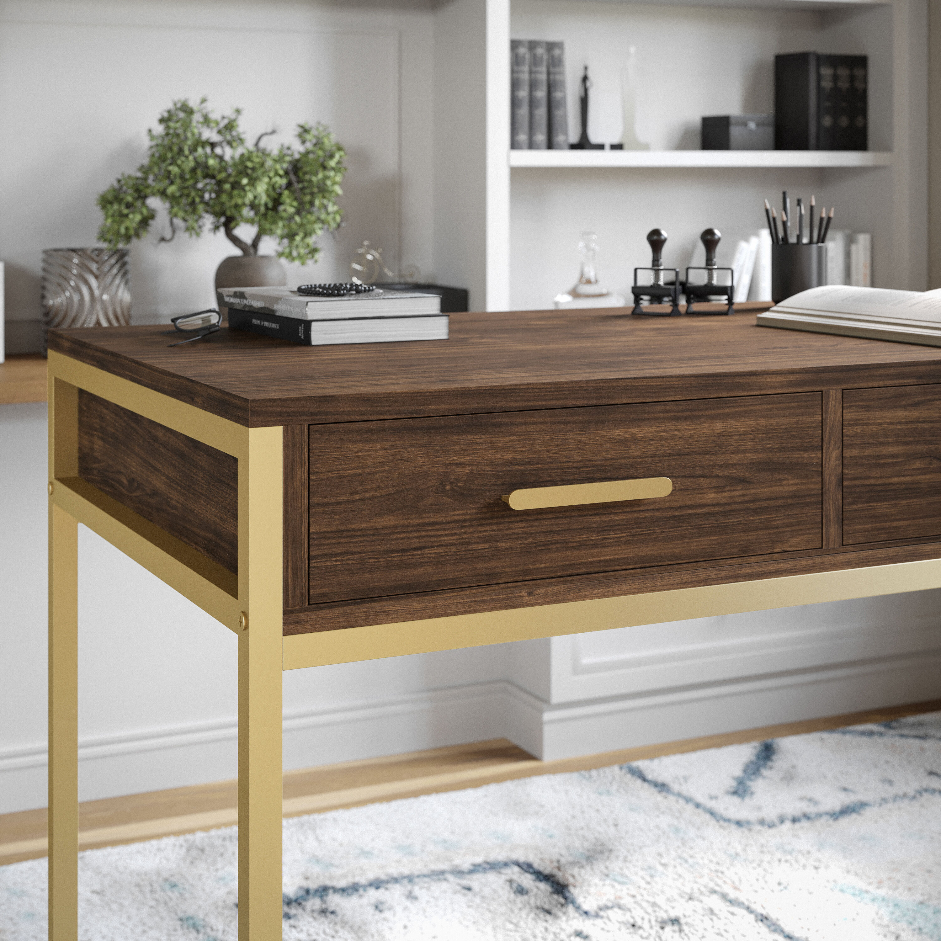 Walnut and Brass Modern Home Office Desk with Drawers