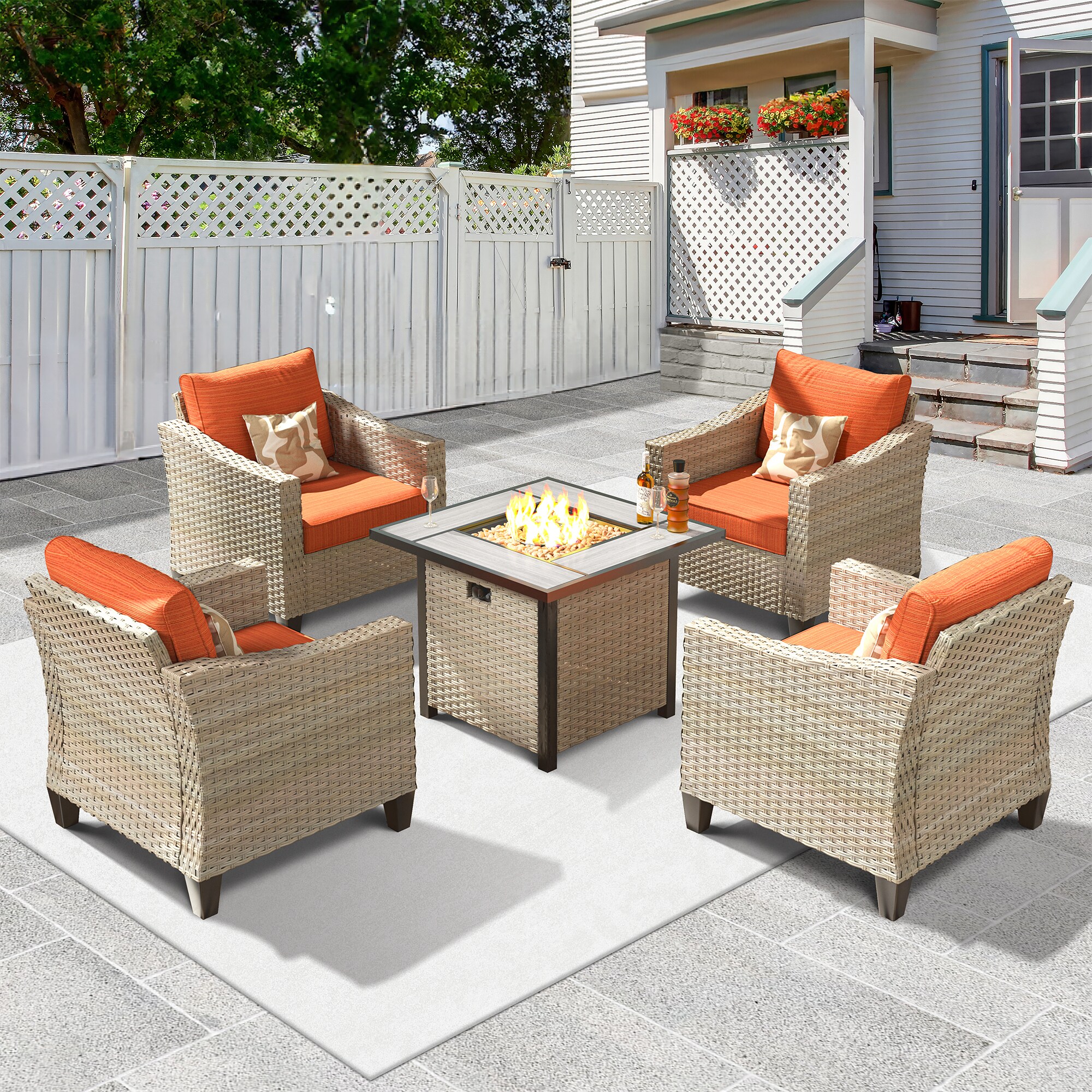 Pouuin SFPDAR804 5 -Piece Rattan Patio Conversation Set with Orange Cushions
