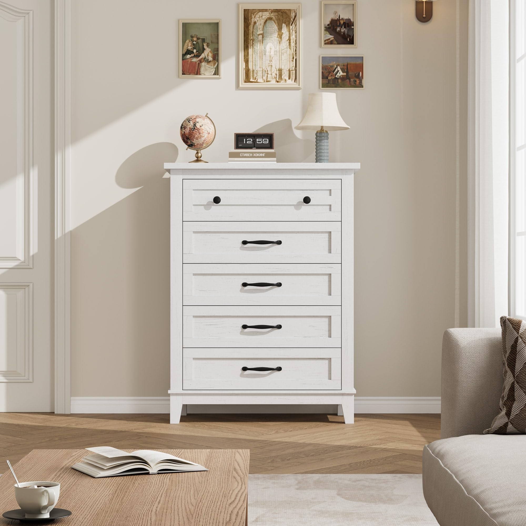 Garvee 2 Pack White 5 Drawer Dresser for Bedroom 41 Inch Tall Vertical Storage Chest for Closet and Living Room