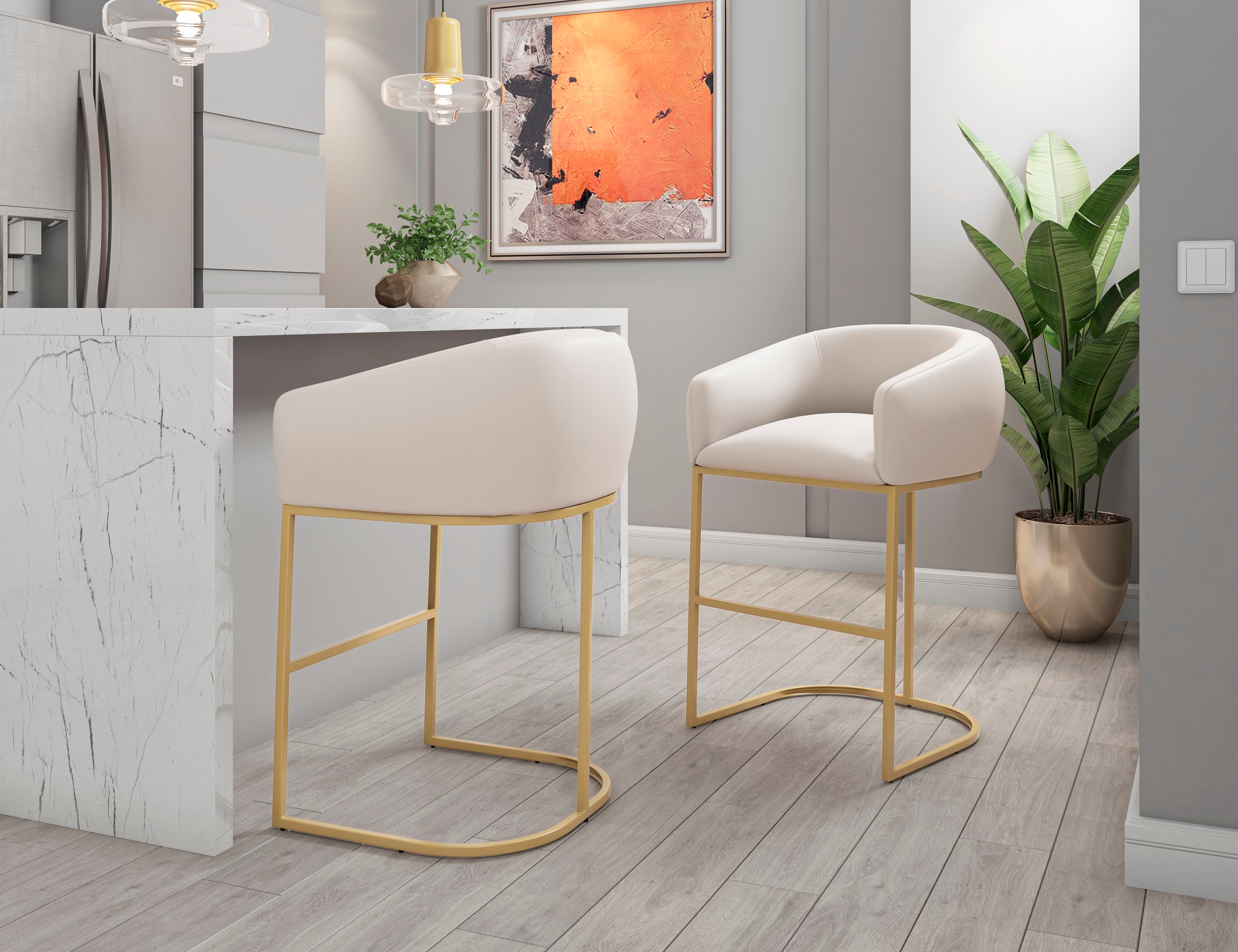 Manhattan Comfort 2-BS016-CR Louvre 2 -Set Cream and Titanium Gold 30-in H Bar height Bucket seat Upholstered Metal Bar Stool with Arms and Back