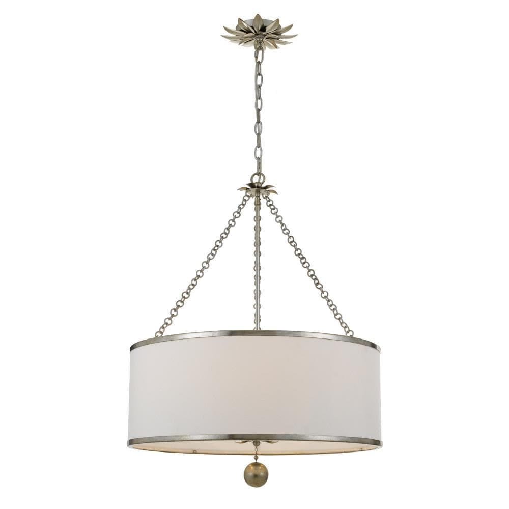 Elegant Antique Silver 6-Light Chandelier with White Silk Drum Shade