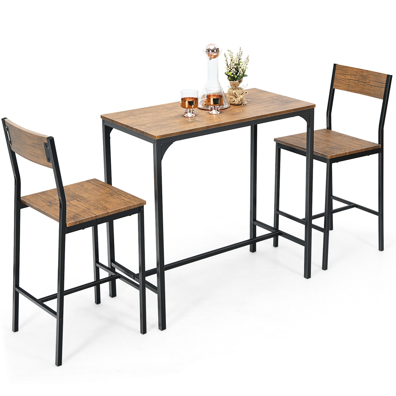 Forclover HBV-0243BK 3 -Piece Rustic Brow Counter height Wood Rectangle Table with 2 Stationary Chairs