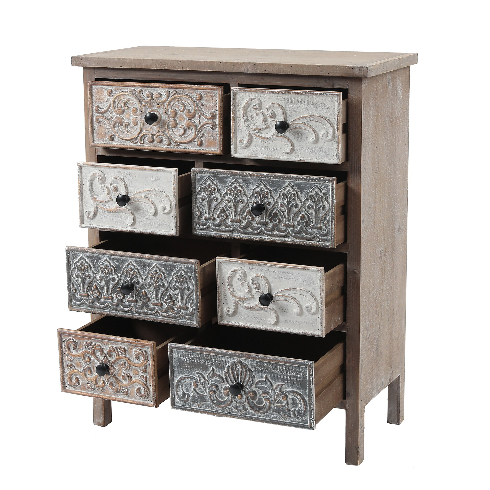 LuxenHome Rustic Carved Wood 8-Drawer Chest End Table