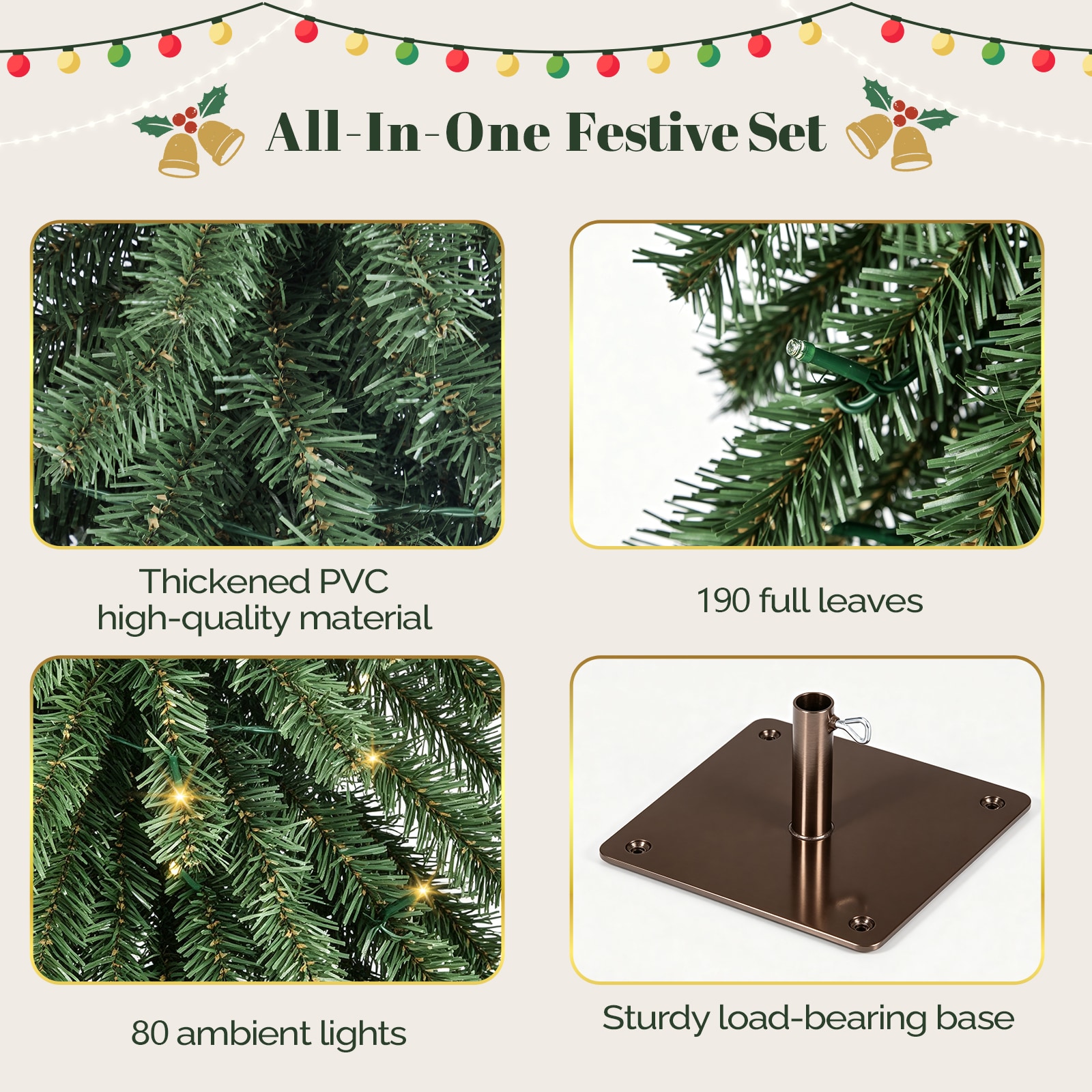 Winado 4FT Green Cedar Style PVC Christmas Tree with 190 Branch Tips 80 Warm White Lights 8 Modes Battery Box