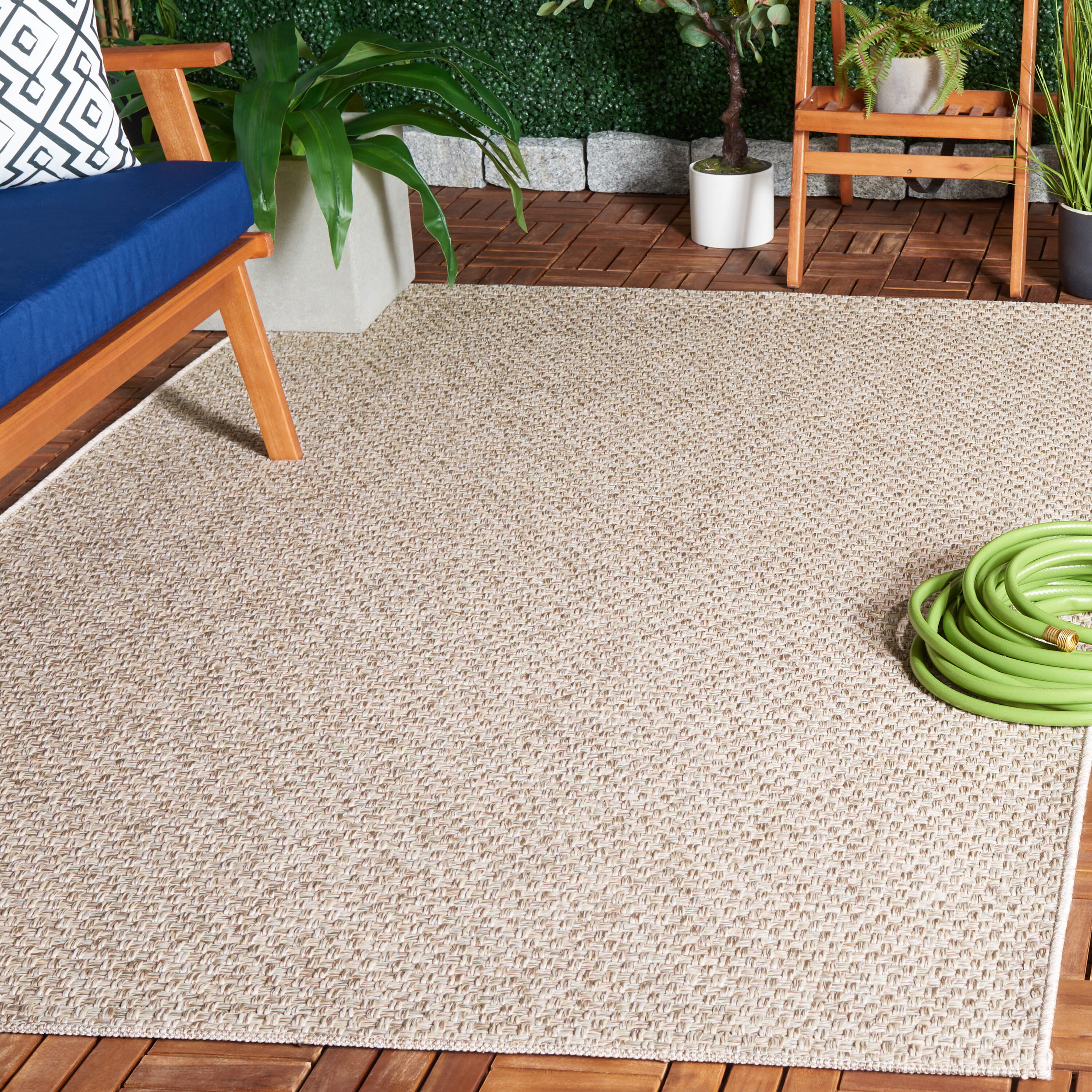 Beige Synthetic Square Indoor/Outdoor Stain-Resistant Rug