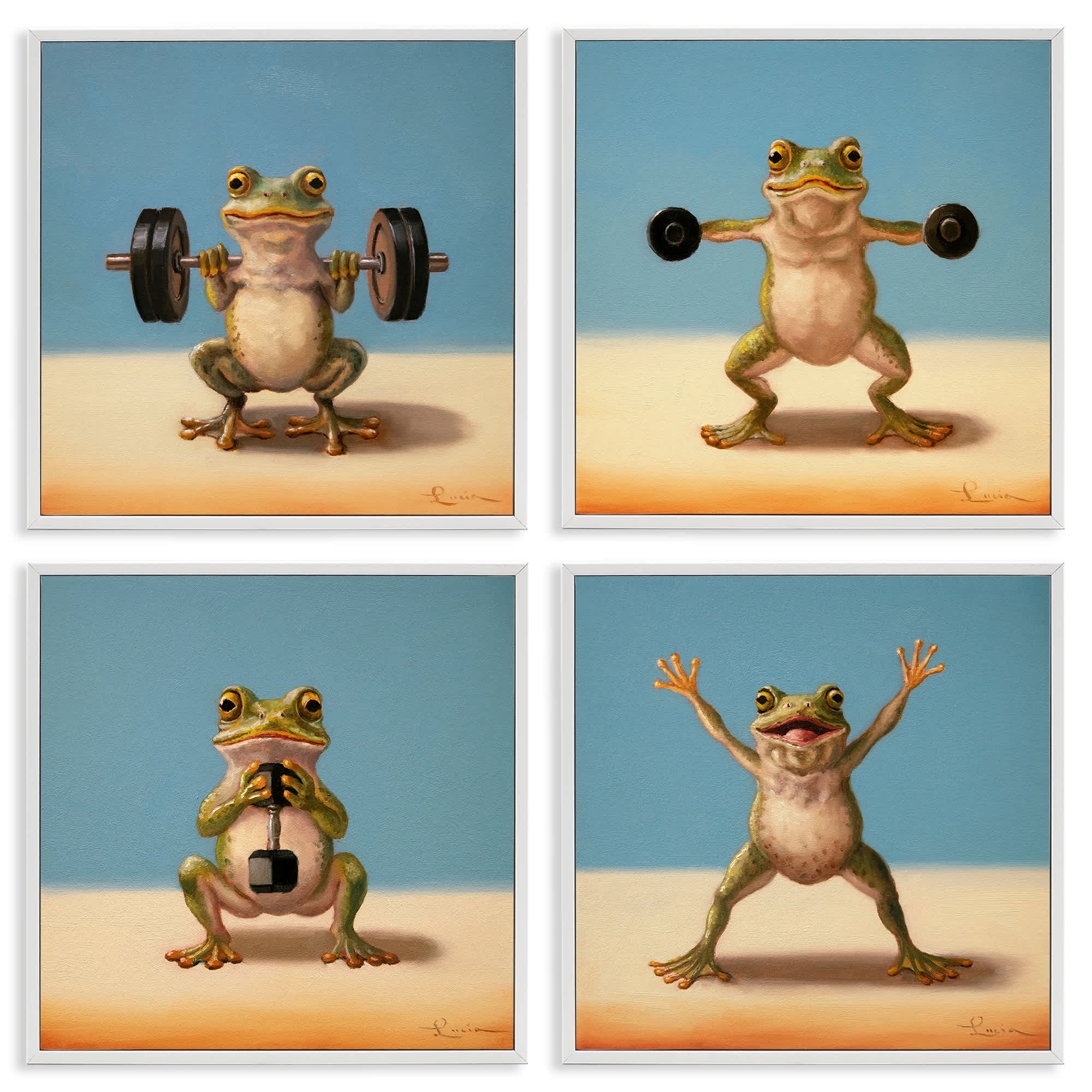 Stupell Industries A4-265-WFR-4PC-12X12 Weightlifting Frogs Various Workouts 4 Piece White Framed Giclee Art Set By Lucia Heffernan 12 x 12