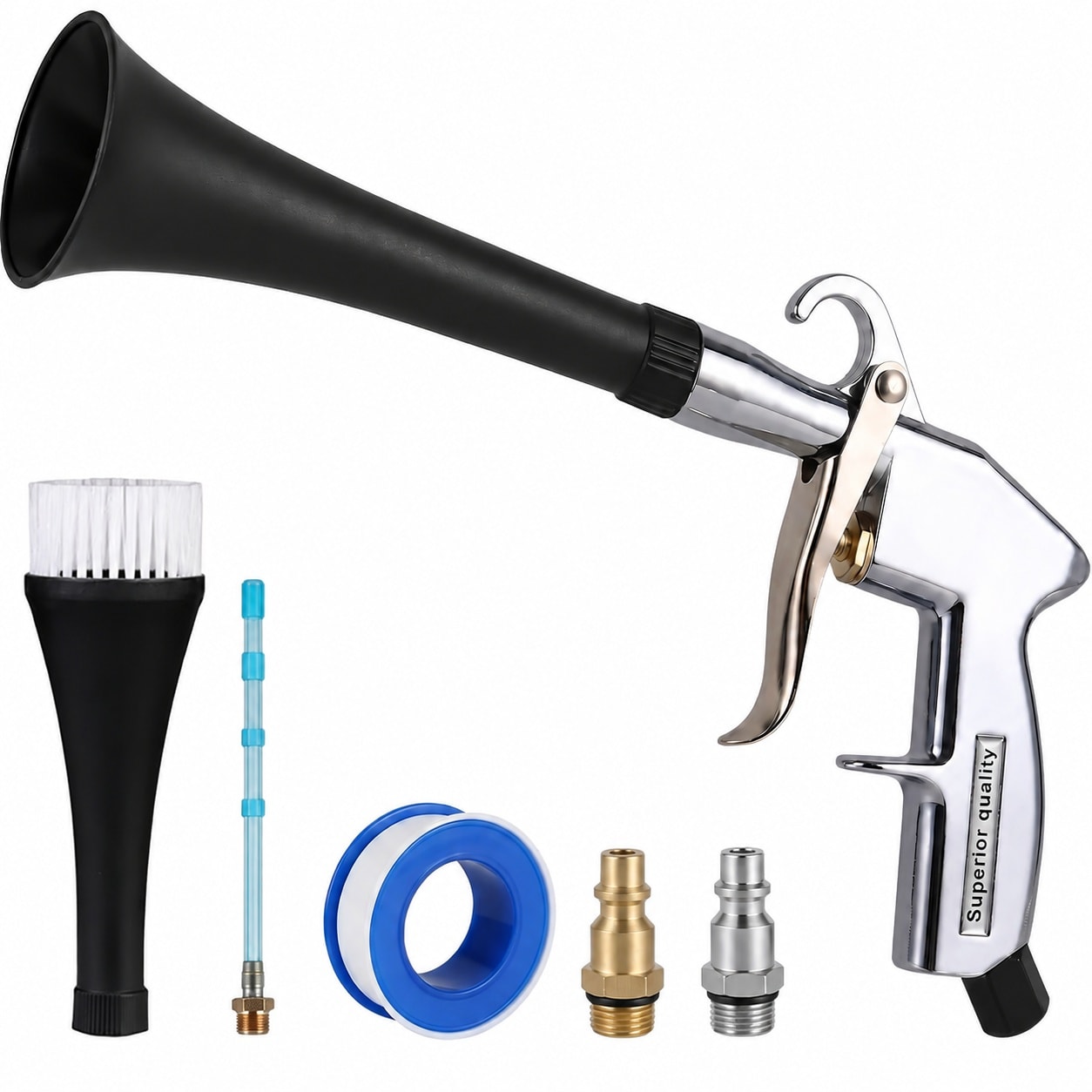 AKSCYZM  Tornado Car Cleaning Gun Air Blow Gun with 360 Degree Swivel PU Tubes Aluminum Alloy Body Dual Brush Tips and US Quick Connectors for