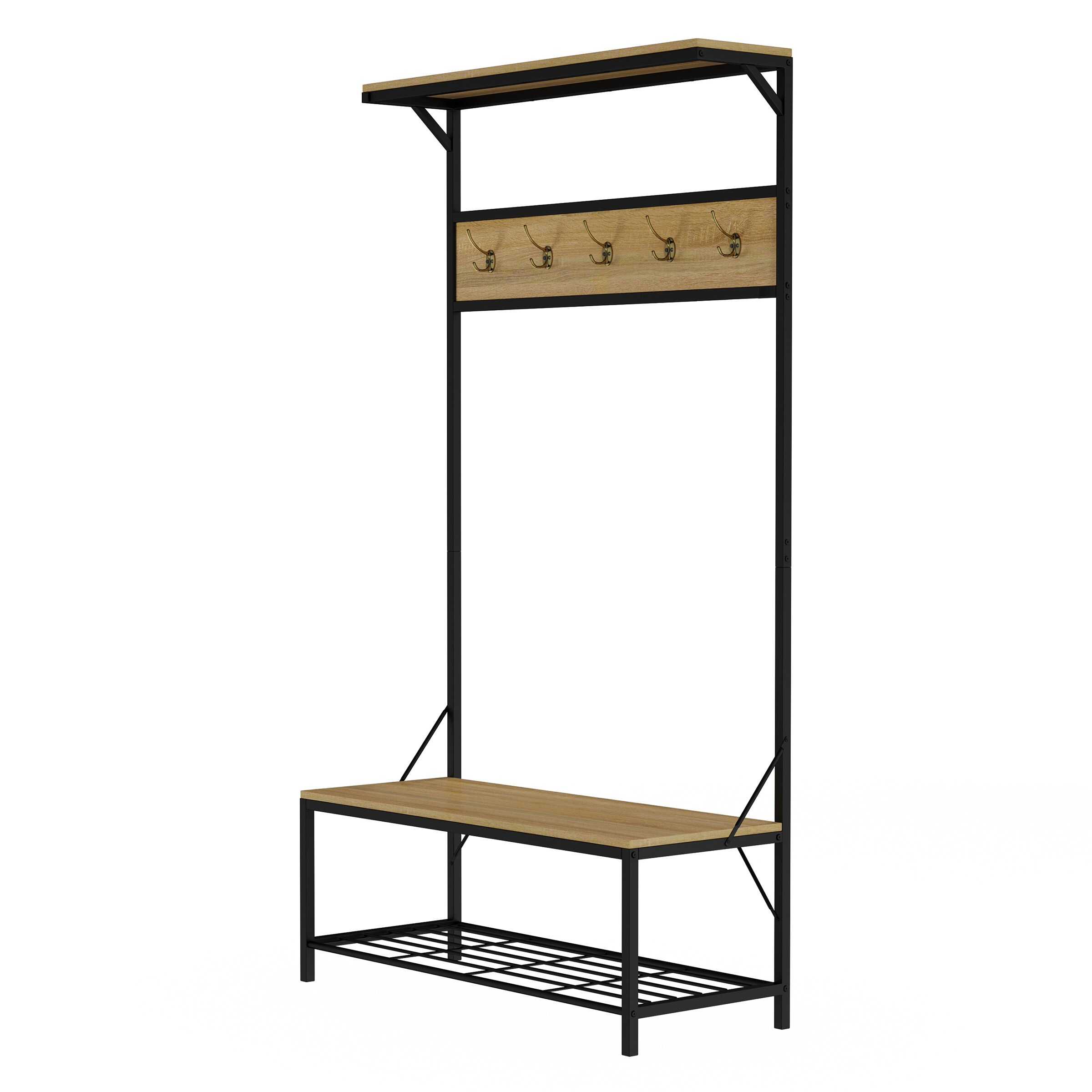 Hastings Home Entryway Bench with Coat Rack, Seat, Hooks, and Shoe Storage,  Brown