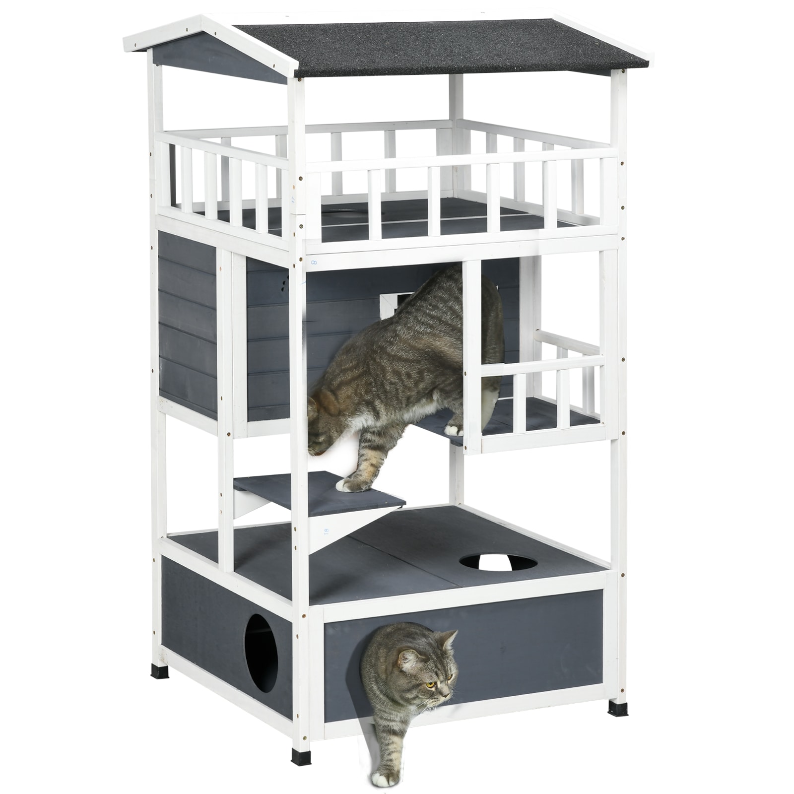 LOVMOR SF-M-W2225P217564 Wooden Outdoor Cat House Feral Cat Shelter Kitten Tree with Asphalt Roof Escape Doors Condo Jumping Platform Grey