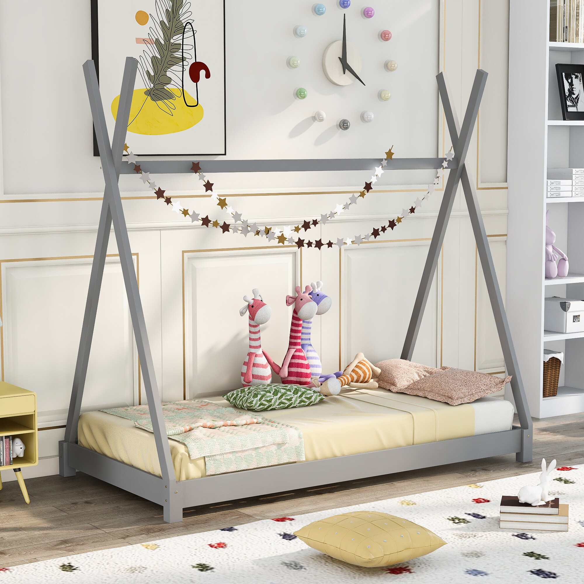 ModernLuxe WF283047AAE Twin Size House Platform Bed with Triangle StructureGray