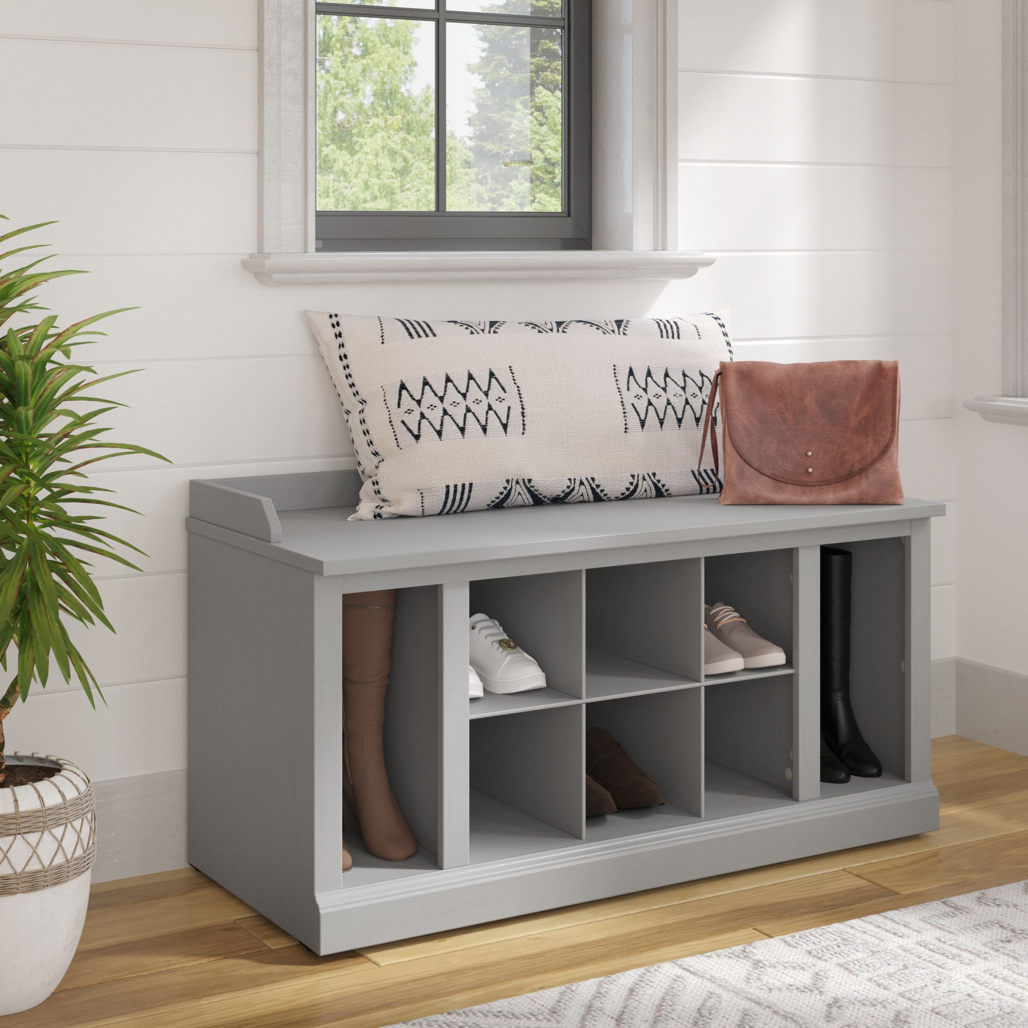 Cape Cod Gray Engineered Wood Shoe Storage Bench with Shelves