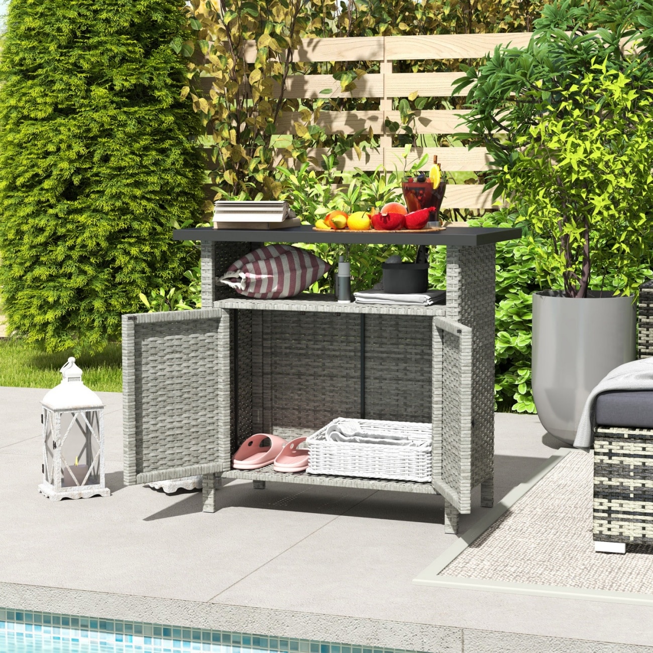 Vkoiyg  Wicker Outdoor Storage Cabinet with Two Doors and Shelf for Outdoor Pool Towel Storage Gray