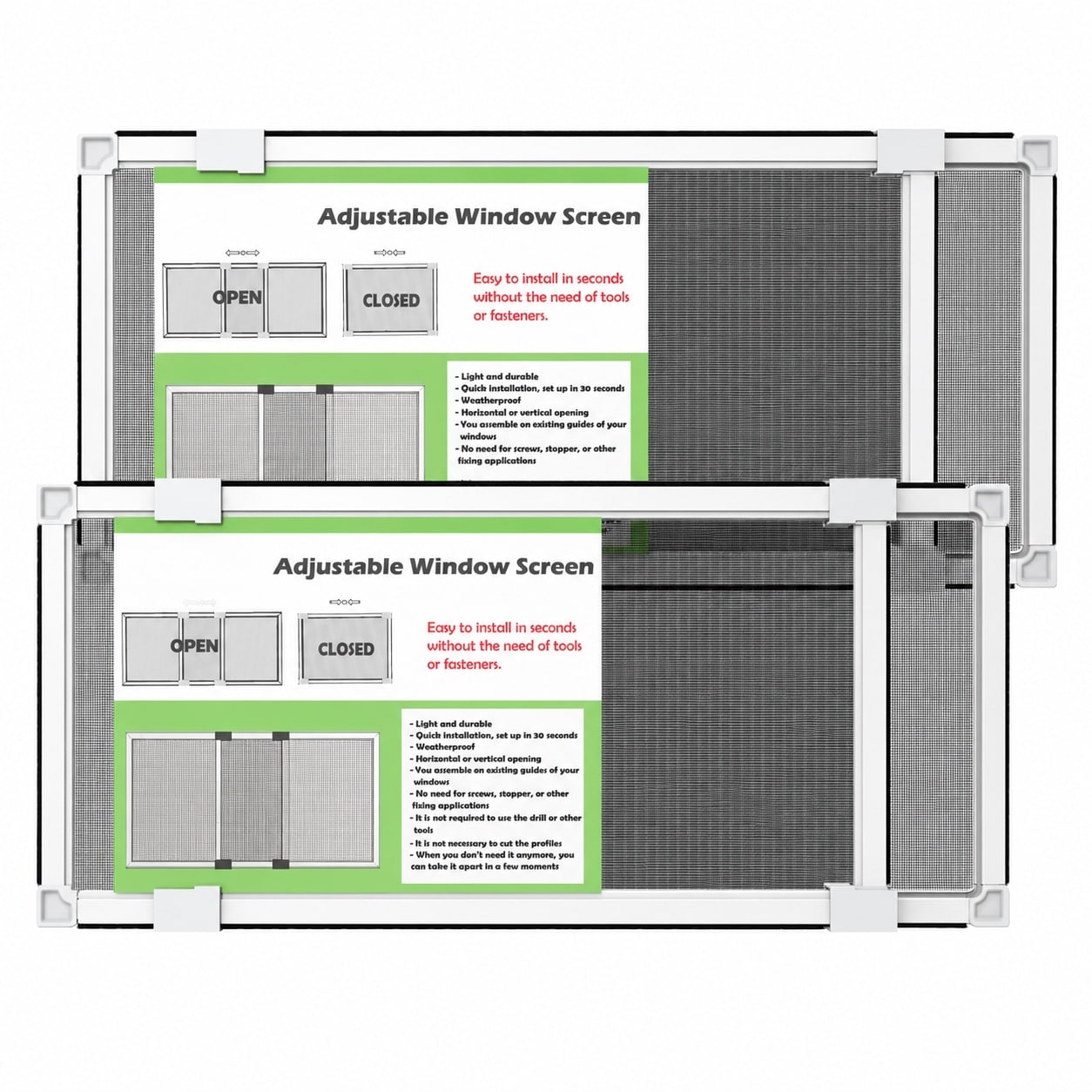 Aoibox Adjustable Horizontal Window Screen for Hung Windows 10 in H x 19 36 in W Black Mesh White Frame 2 Pack #LABVK0NE