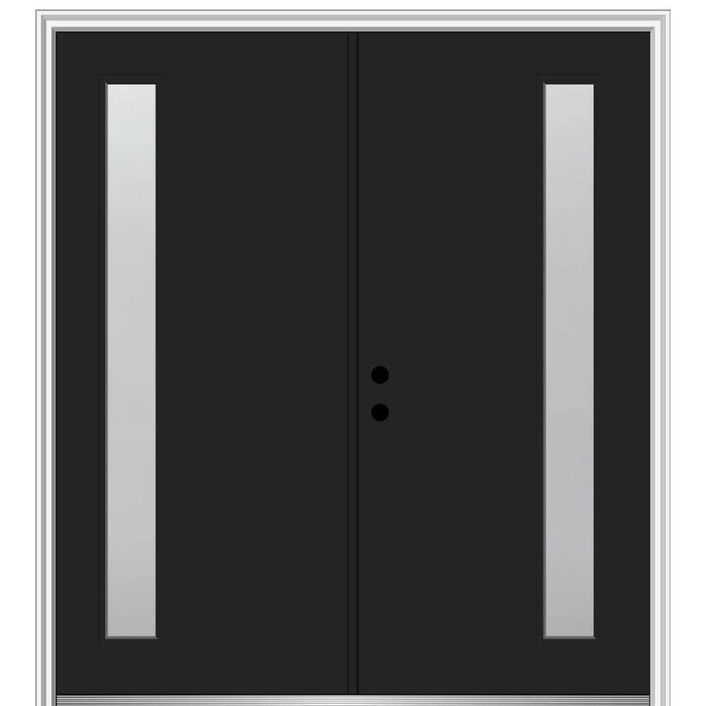 MMI DOOR ZZ349980R Spotlights 64-in x 80-in x 6-9/16-in Fiberglass Pulse lite Right-hand inswing Black Painted Prehung Double Front Door with Brickmould Insulating core