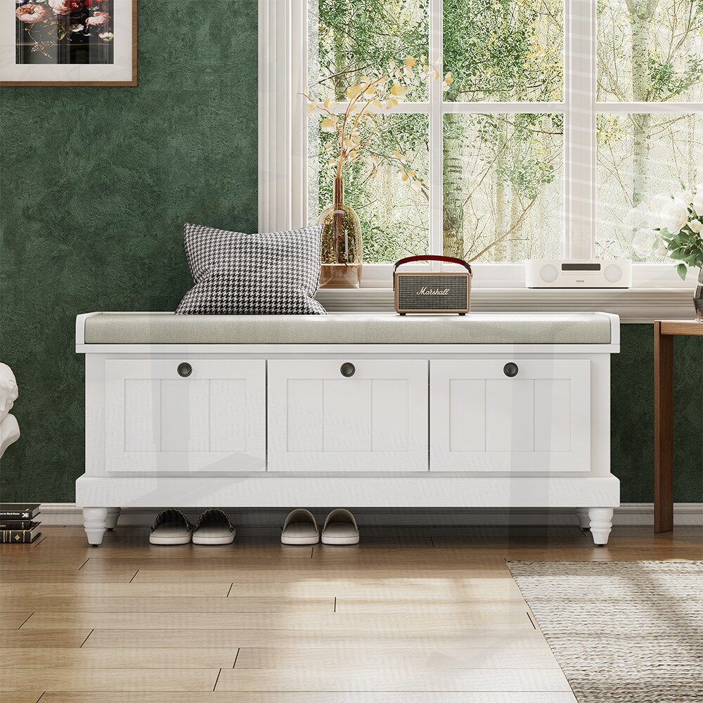 SunJet White Classic Entryway Shoe Bench With Cushioned Seat And Three Drawer Storage For Living Room Hallway