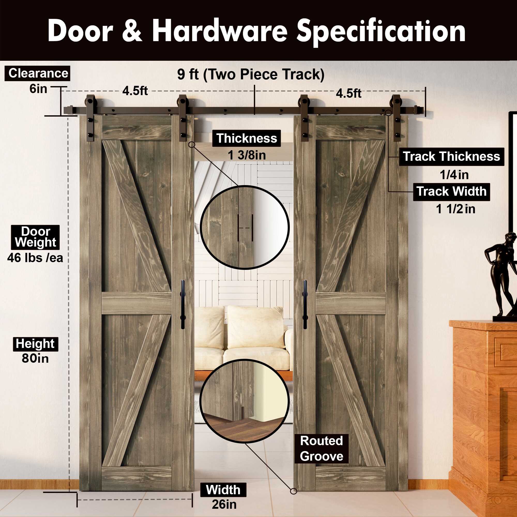 HOMACER YT2TGH108C-2680F-GR Barn-Doors - View #2