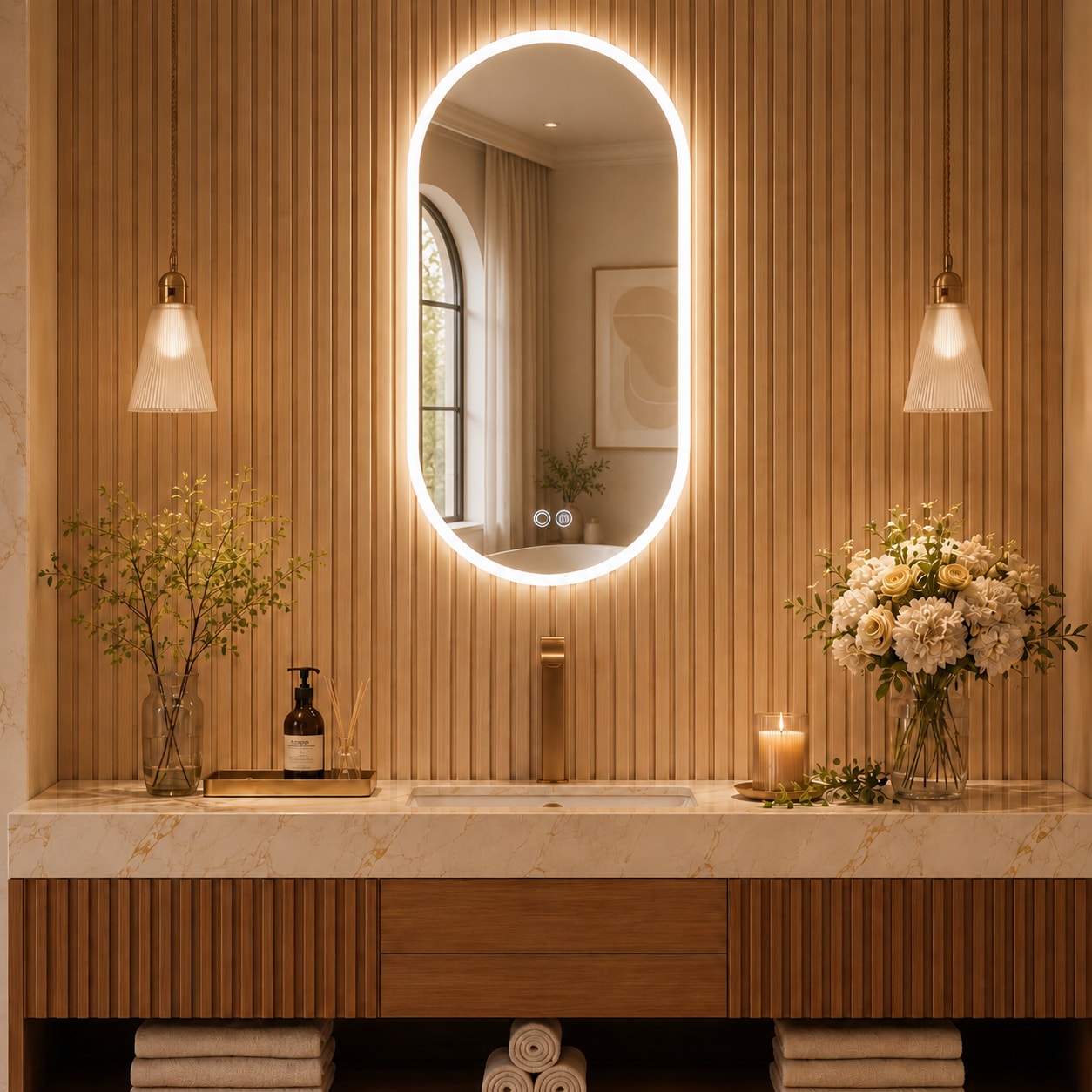 DELUXE LIVING Avensy 20-in x 36-in Polished Frameless Oval Dimmable LED Lighted Fog Free Bathroom Vanity Mirror ( Clear )