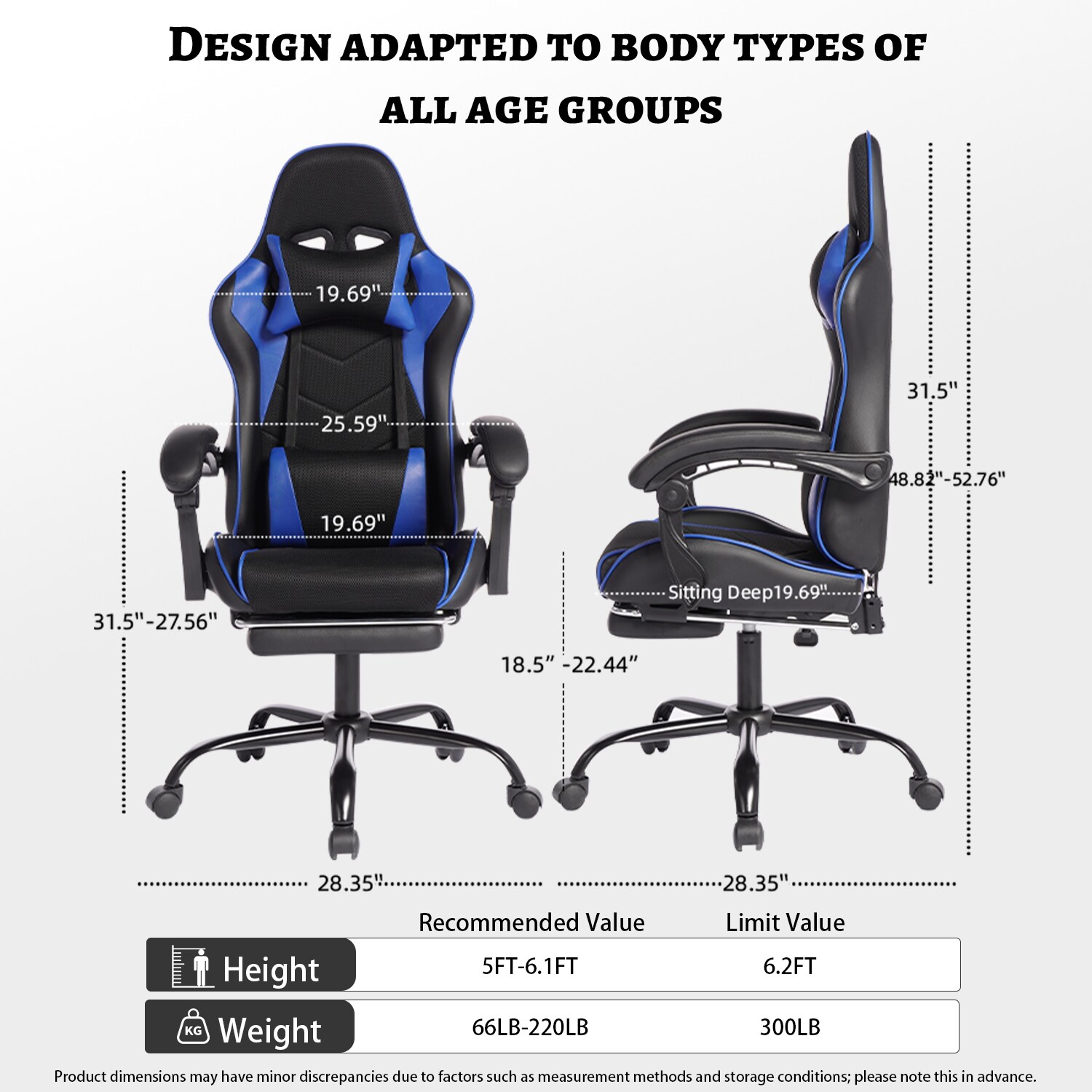Blue PU Leather Gaming Chair Computer Chair with Footrest Ergonomic ...