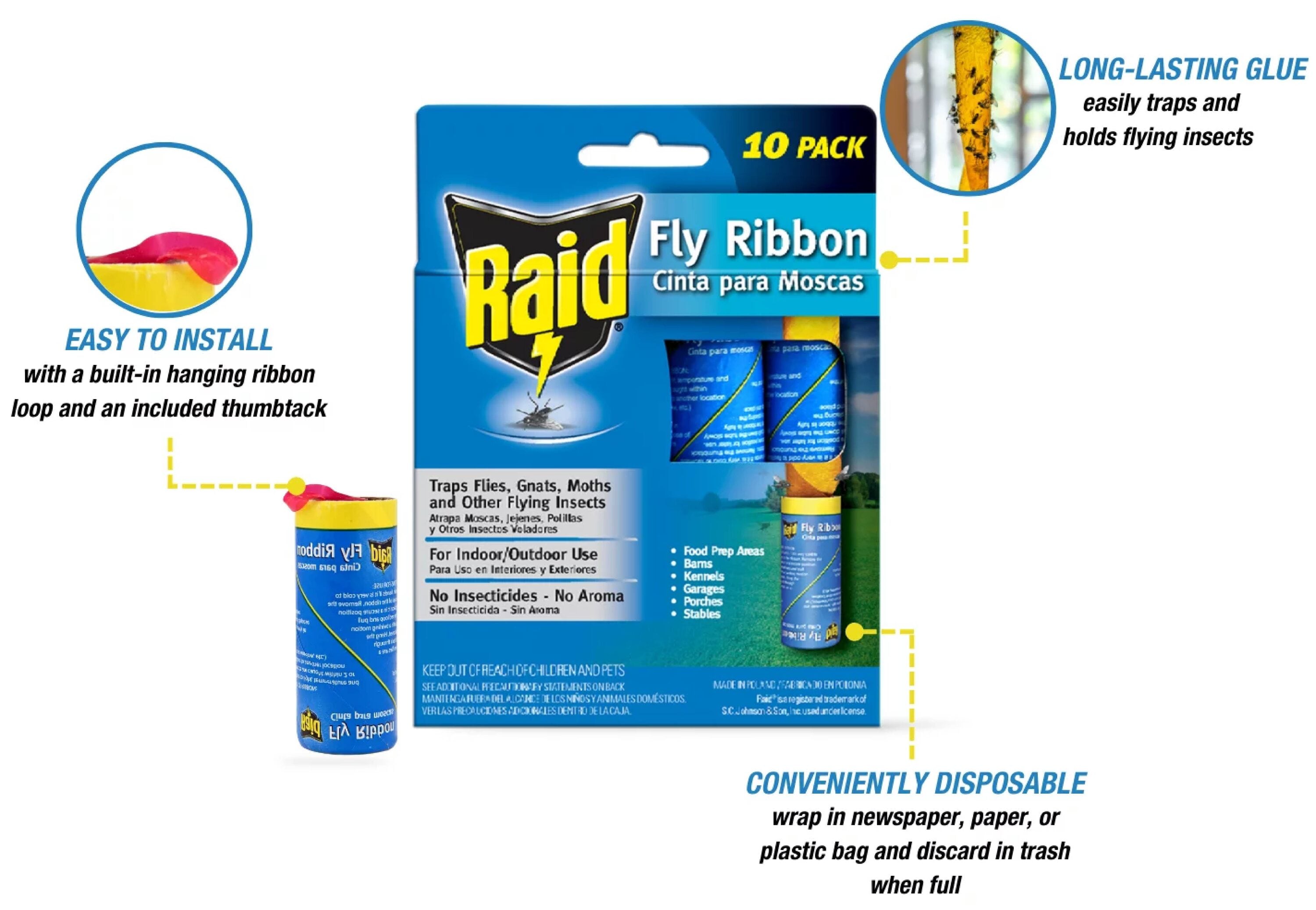  Raid® Fly Ribbon, Fly Traps for Indoors and Outdoors, 4 Pack :  Patio, Lawn & Garden