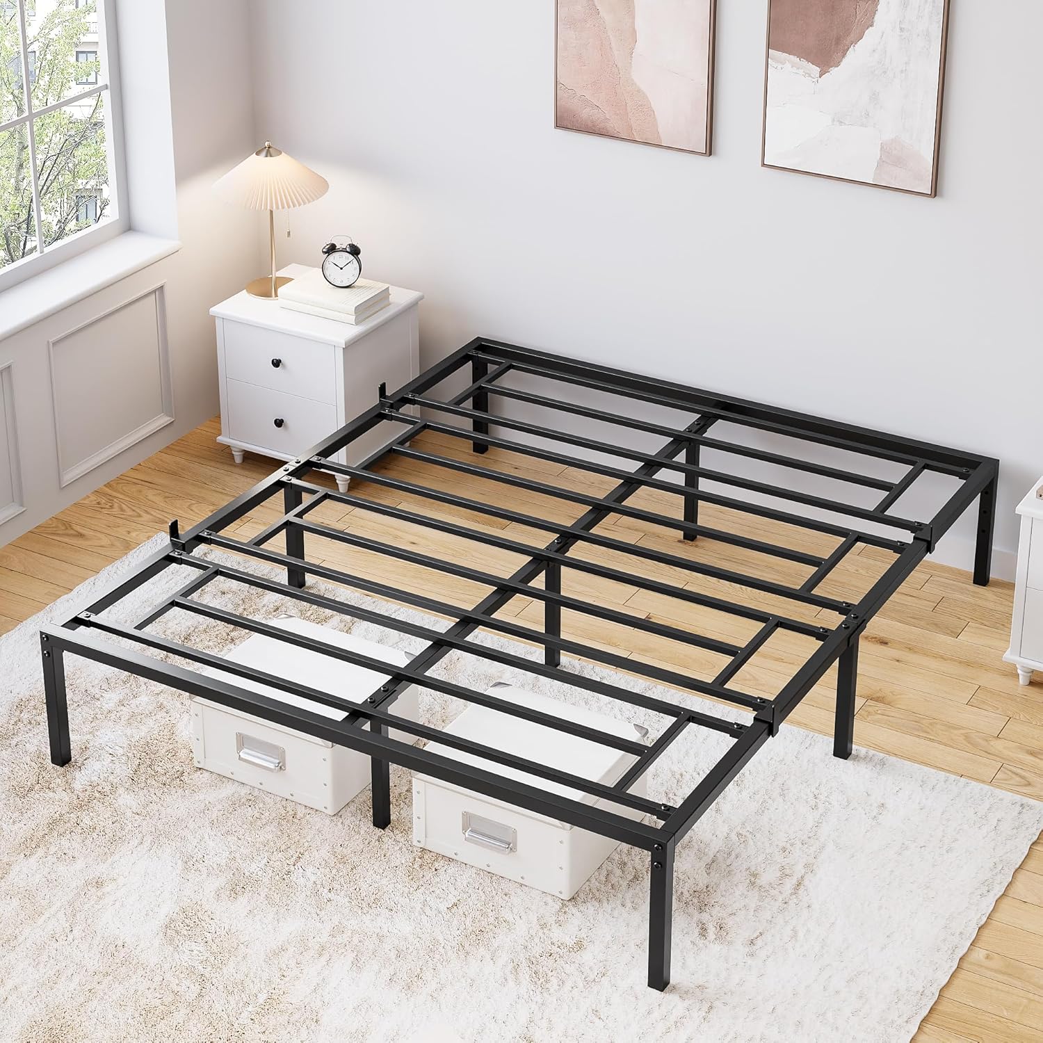 Qeetex LHF-BED-PHO-0PU0C4VP 16 Inch Queen Bed Frame with Storage Metal Platform Bed Frame with Steel Slat Support Mattress Foundation No Box Spring Needed Easy to Assemble Black
