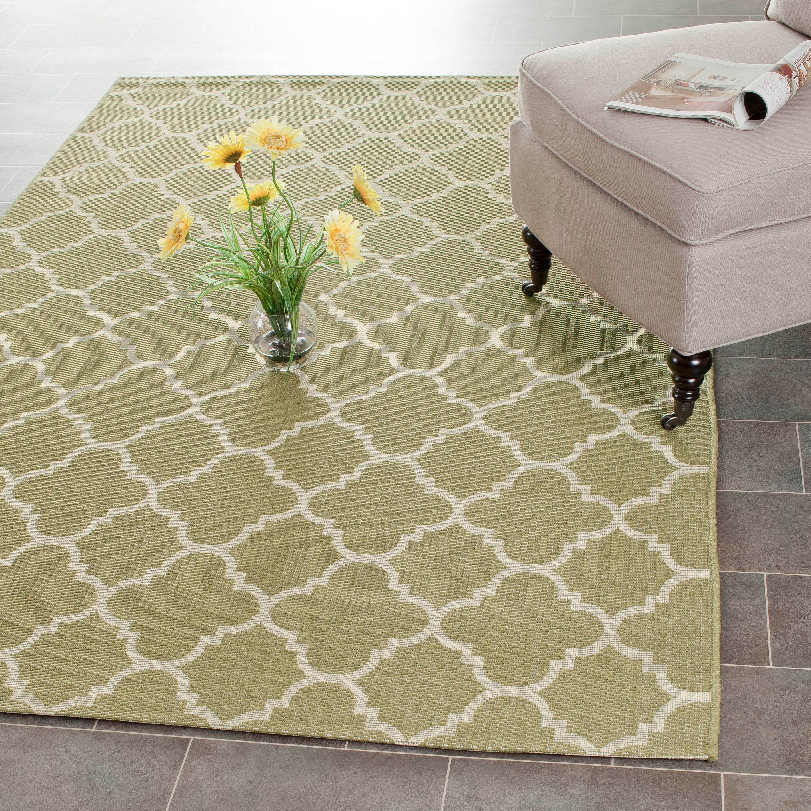 Green and Beige Square Synthetic Outdoor Area Rug