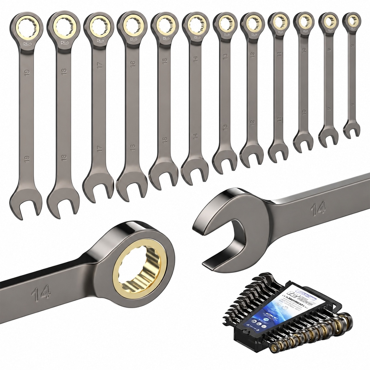 Vrbgify 12 Piece Ratcheting Wrench Set Metric Sizes 8mm to 19mm with 72 ...