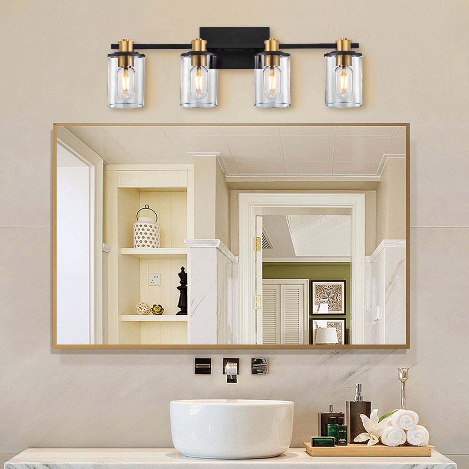 SOLFART Dimmable LED Modern Matt Black Bathroom Vanity Lights Over Mirror 4 Lights Acrylic Bath Wall Lighting