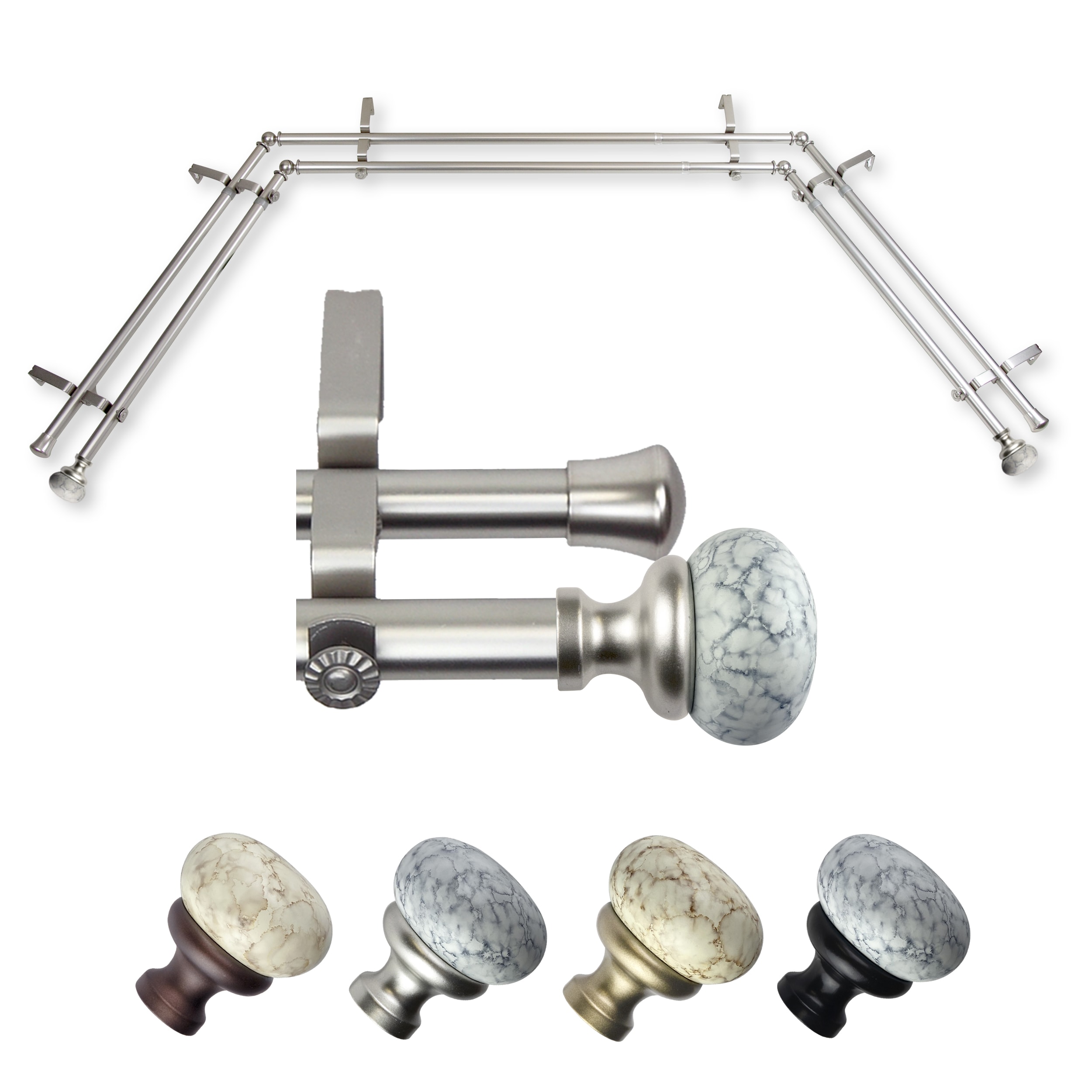 Hart & Harlow L-ABAY-76-5D Marvin 13/16-in Double 38-in to 72-in Satin nickel Steel Bay window curtain rod with Finials