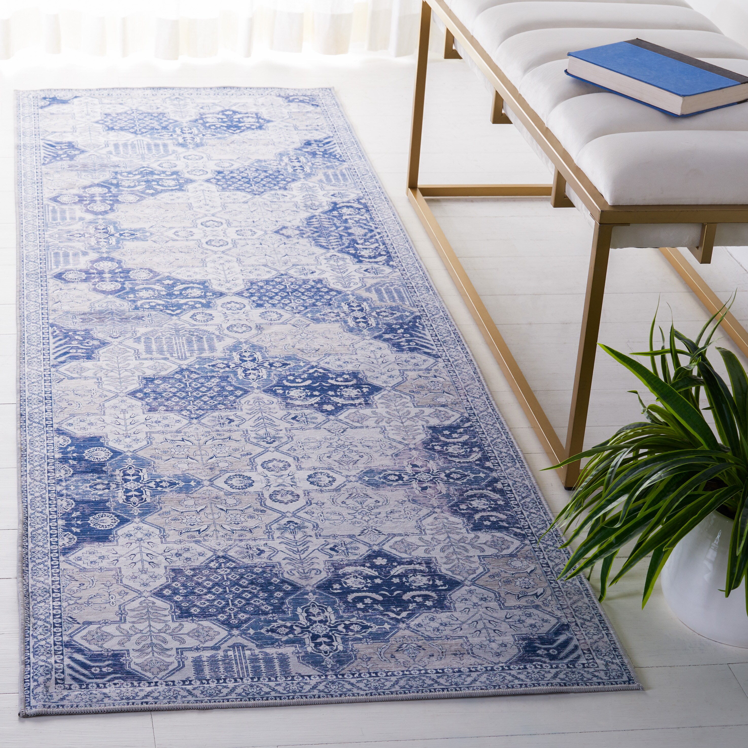 Safavieh TSN193F-28 Tucson 3 x 8 (ft) Loomed Polyester Gray/Navy Rectangular Indoor Medallion Machine washable Runner rug
