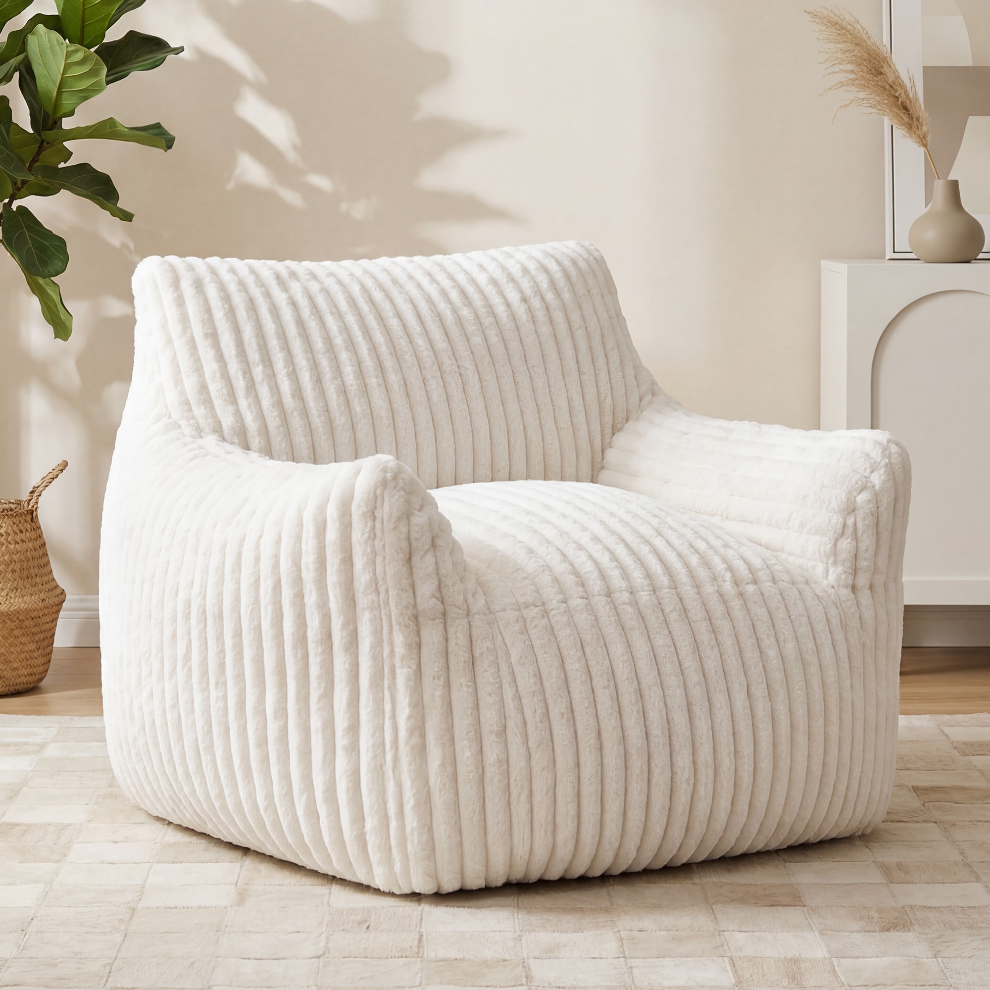 Sweetcrispy White Oversized Faux Rabbit Fur Plush Bean Bag Chair Single Cloud Couch Floor Sofa with Armrests