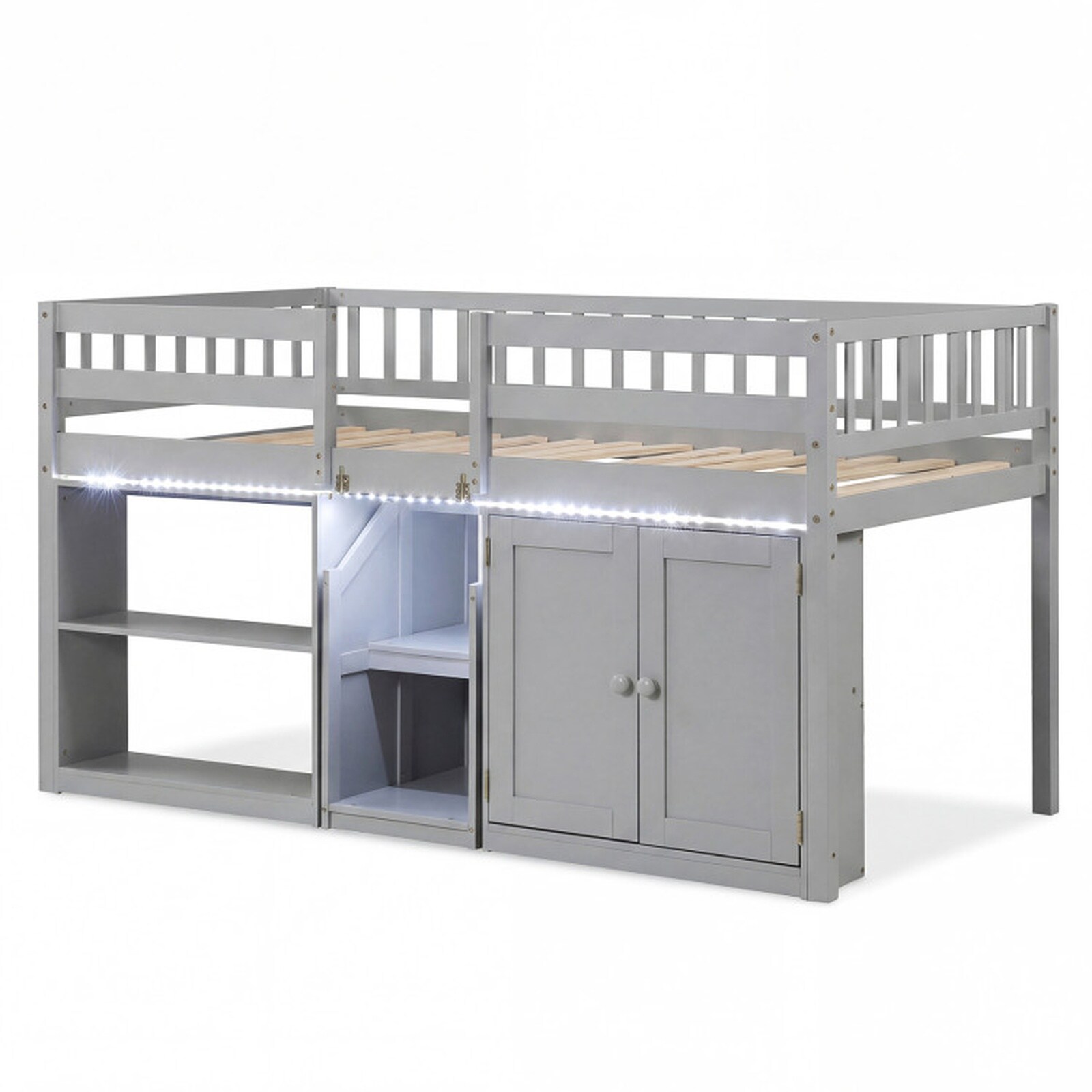 SUGIFT Twin Size Low Loft Bed with LED Lights Kids Wooden Bed Frame with Stairs Bookshelf Cabinet 12-in Guardrails 350-lb Capacity Gray