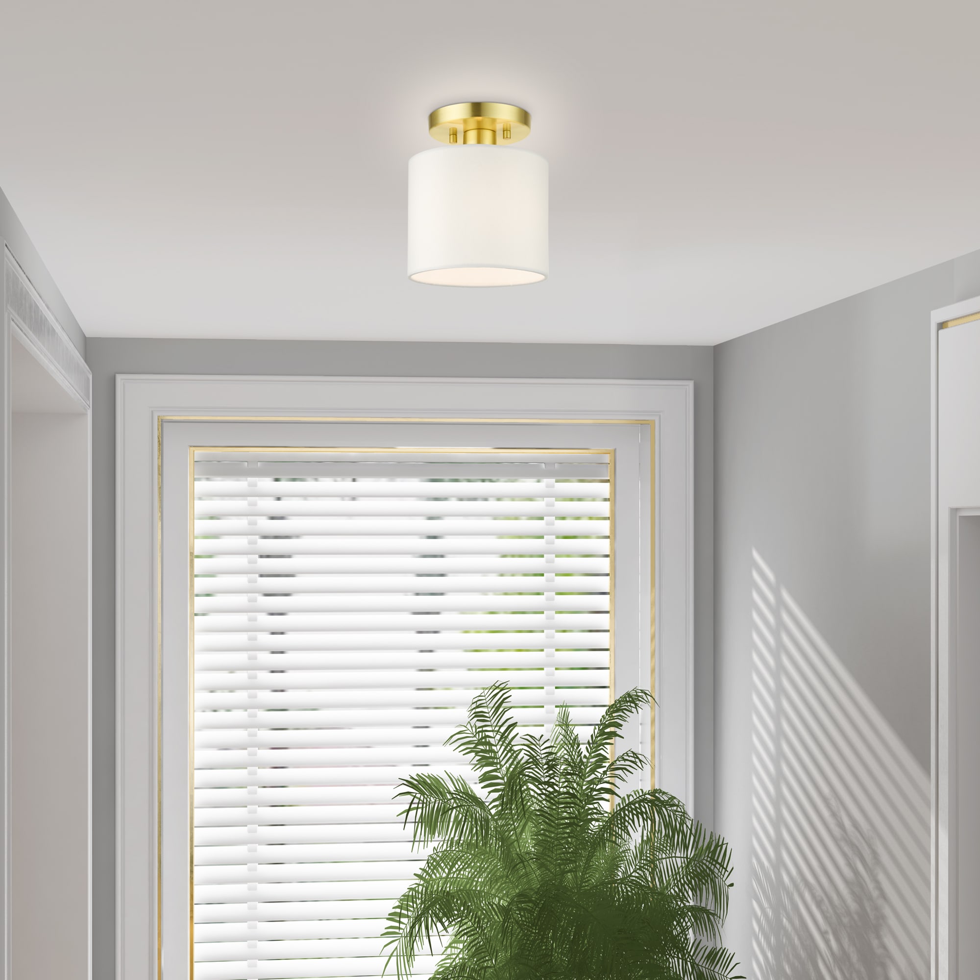 Meridian Petite Satin Brass Semi-Flush Mount with Off-White Drum Shade