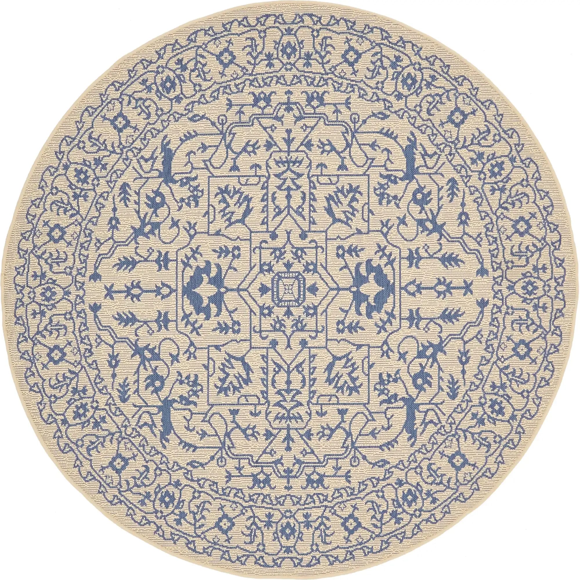 Unique Loom 3140639 Allover Outdoor 6 x 6 (ft) Loomed Polypropylene Beige/Navy Blue Round Indoor/Outdoor Medallion Area rug